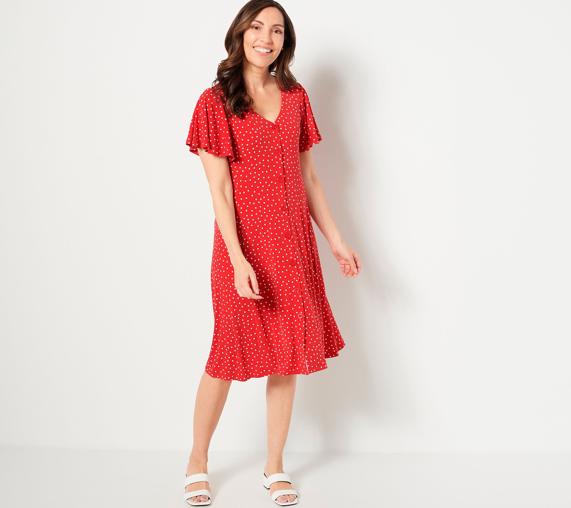 "As Is" Susan Graver Petite Printed Liquid Knit Button Front Dress