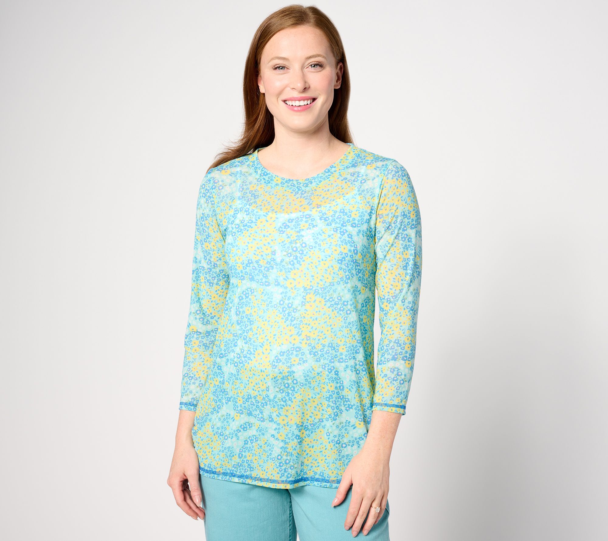 LOGO Layers by Lori Goldstein Floral Mesh 3/4 Sleeve Top 