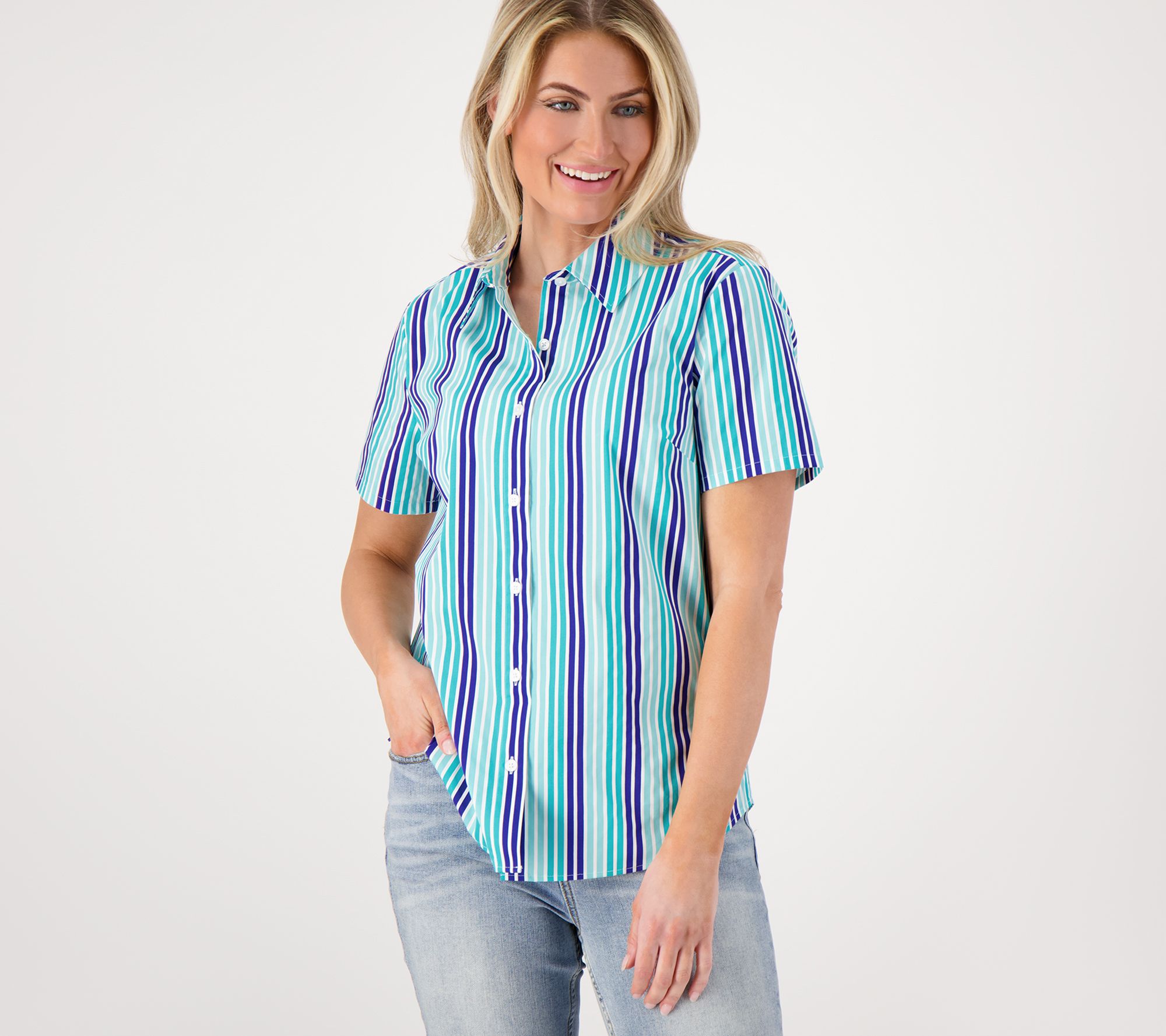Denim & Co. Coolmax Striped Button Front Shirt