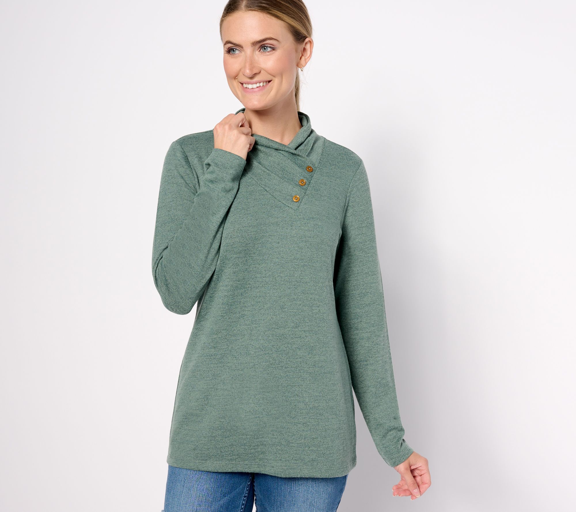 Denim & Co. Heavenly Jersey Long Sleeve Button Neckline Knit Top