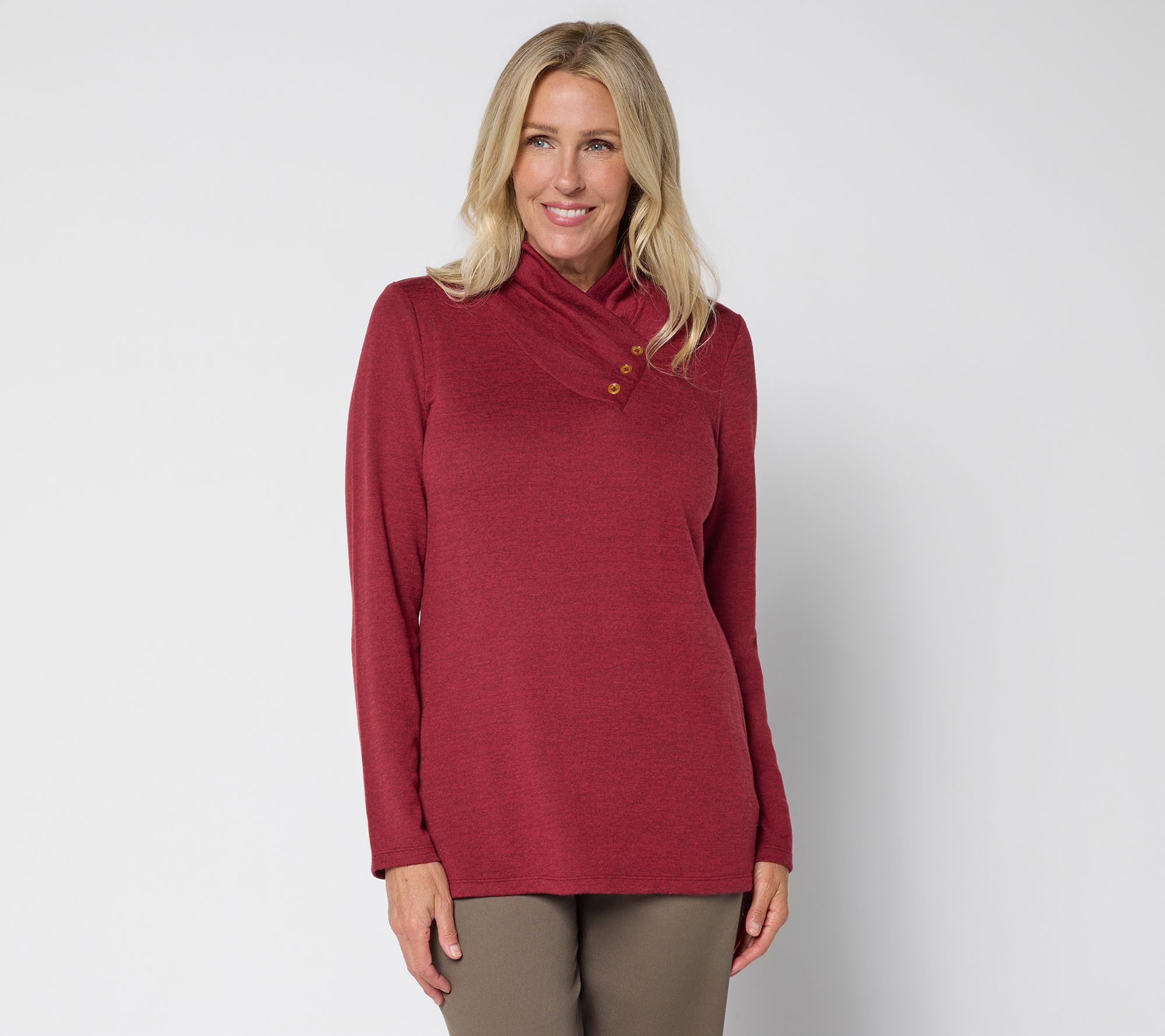 Denim & Co. Heavenly Jersey Long Sleeve Button Neckline Knit Top