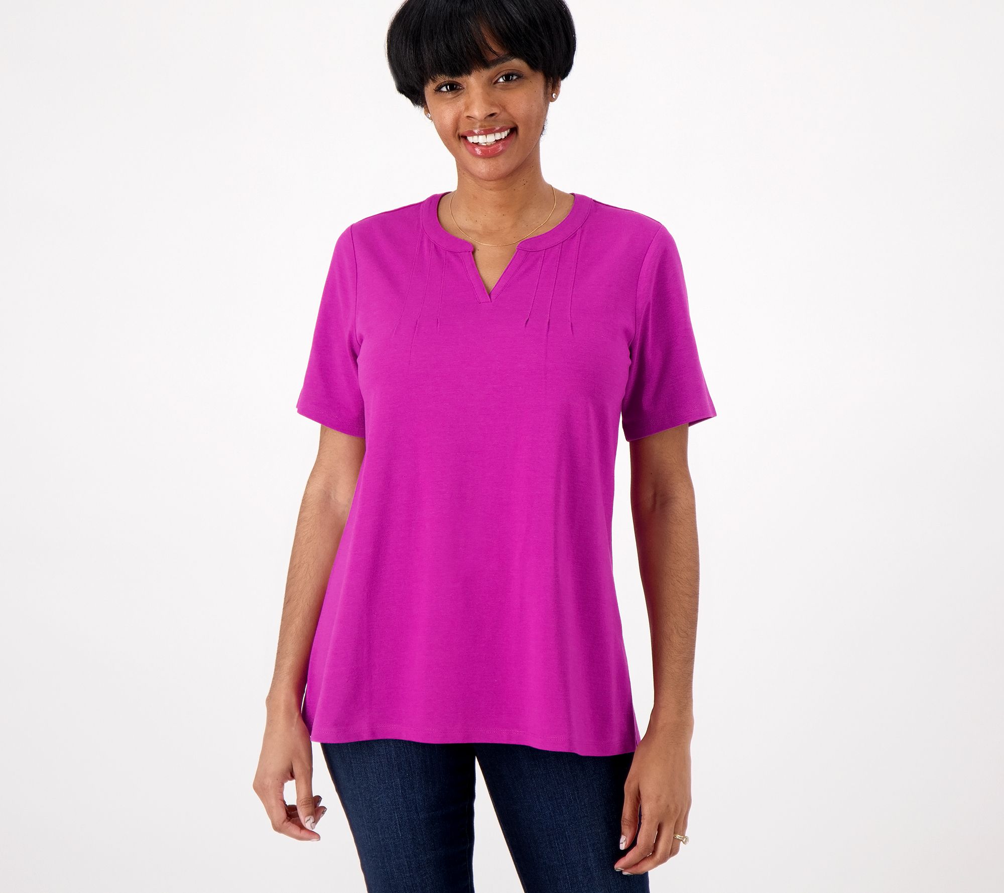 "As Is" Denim & Co. Essentials Favorite Jersey Split V-Neck Swing Top