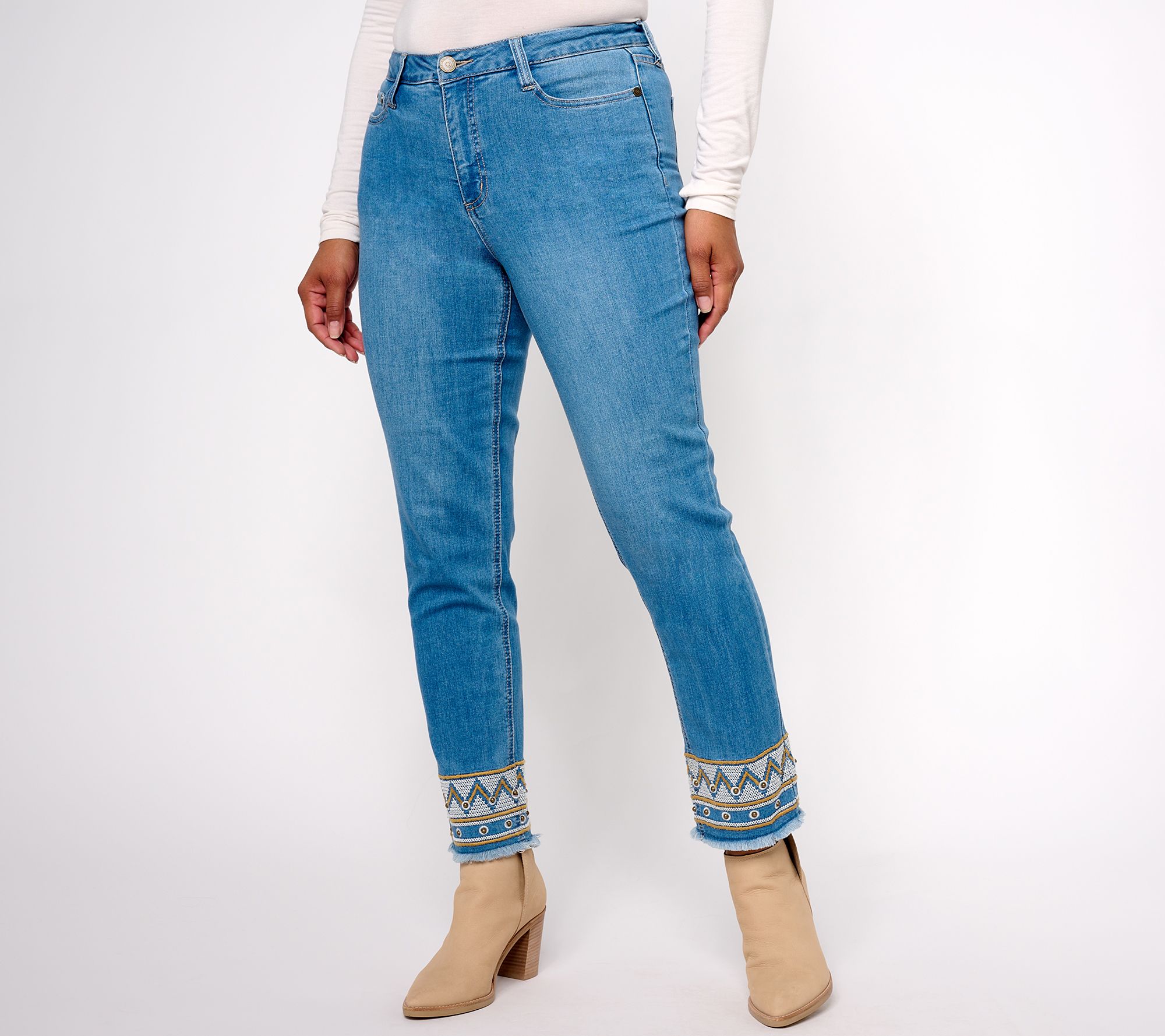 "As Is" Susan Graver Petite Straight Leg Jean with Embroidered Hem