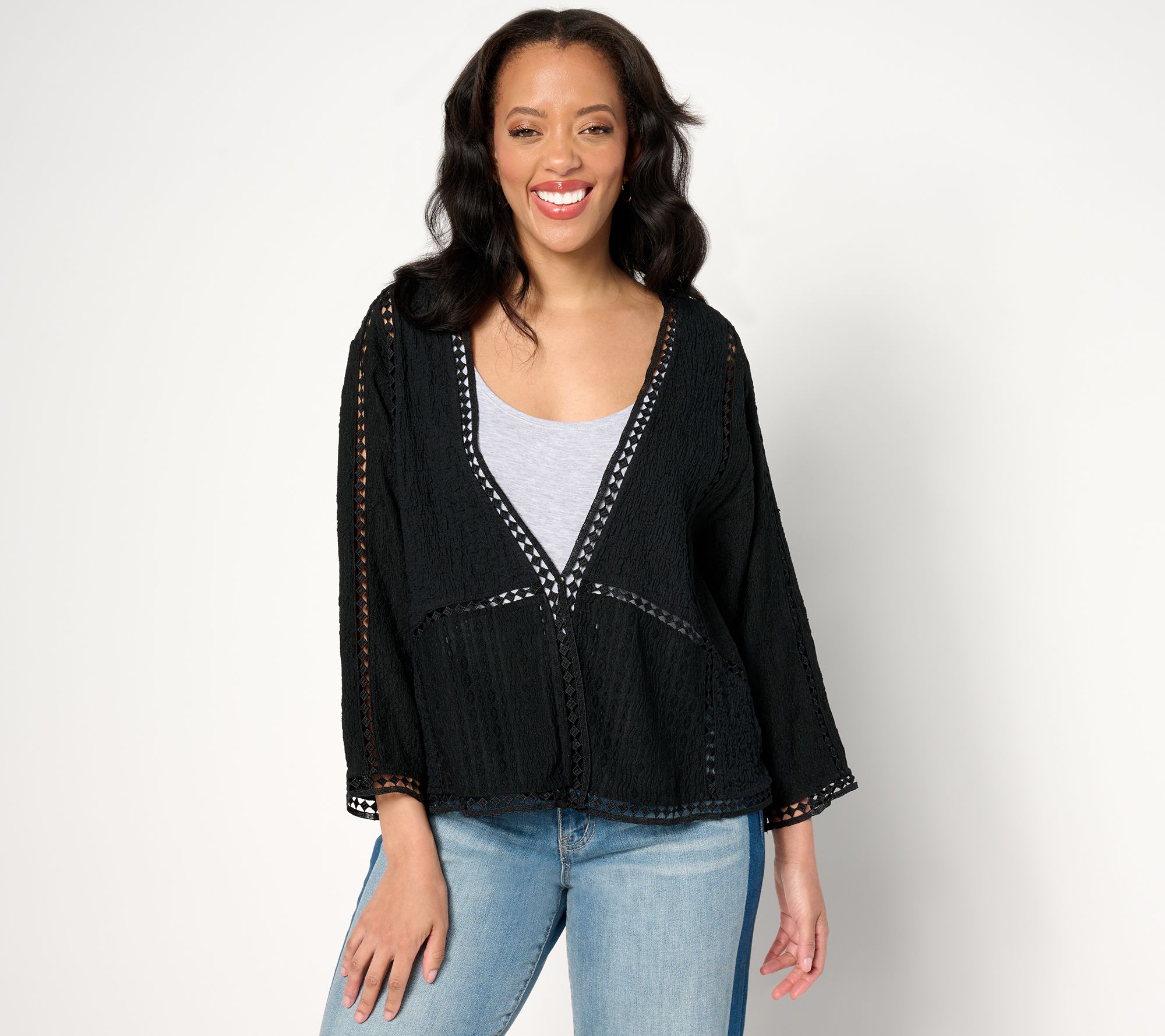 LOGO Lavish by Lori Goldstein Mixed Lace 3/4 Sleeve Cardigan