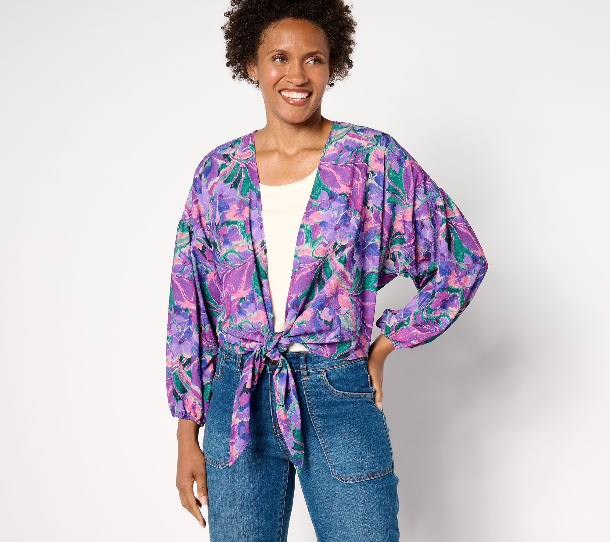 Susan Graver Printed Woven Tie Front Cardigan with Lurex