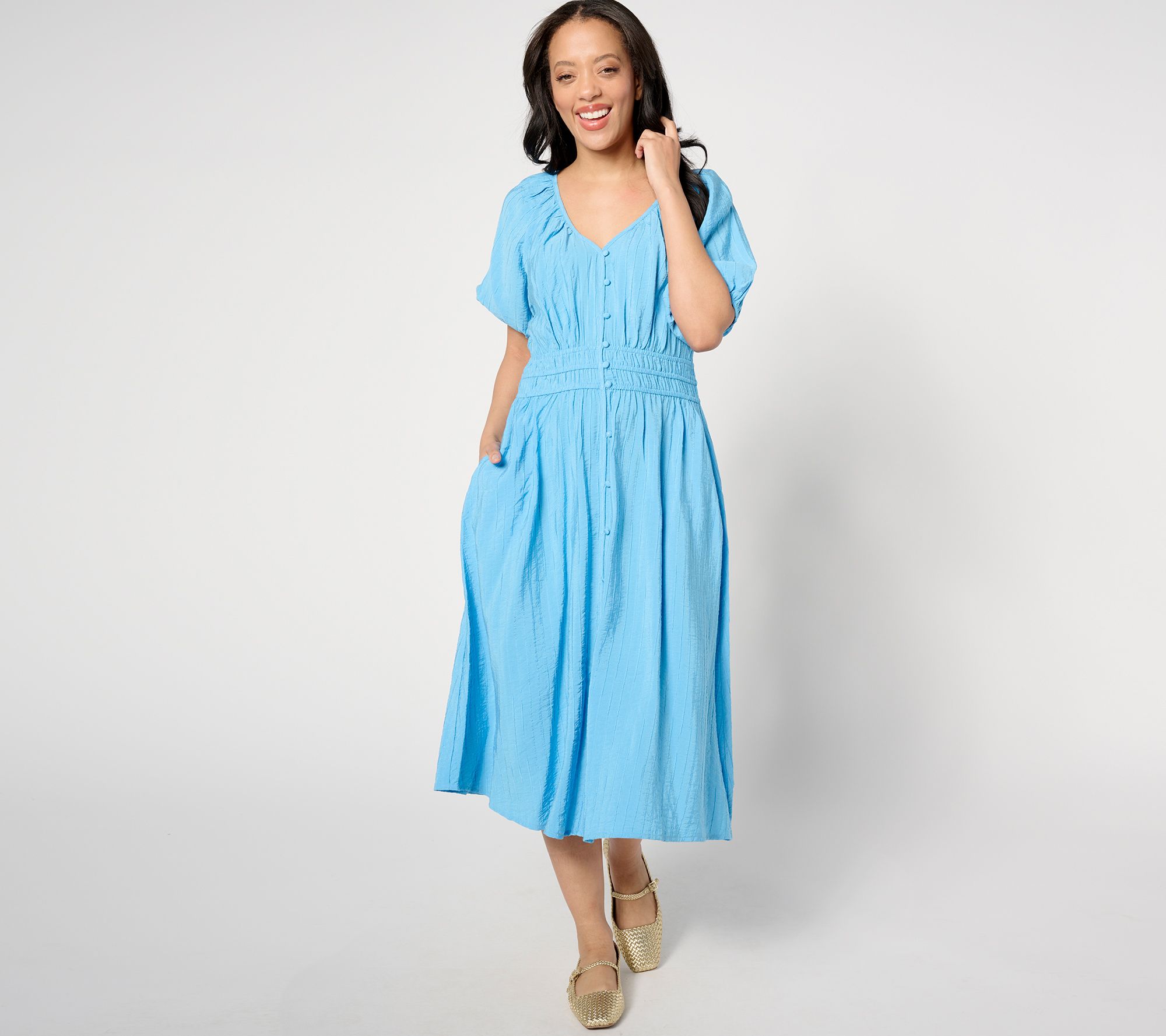 "As Is" Destination 365 Regular V-Neck Button Front Midi Dress