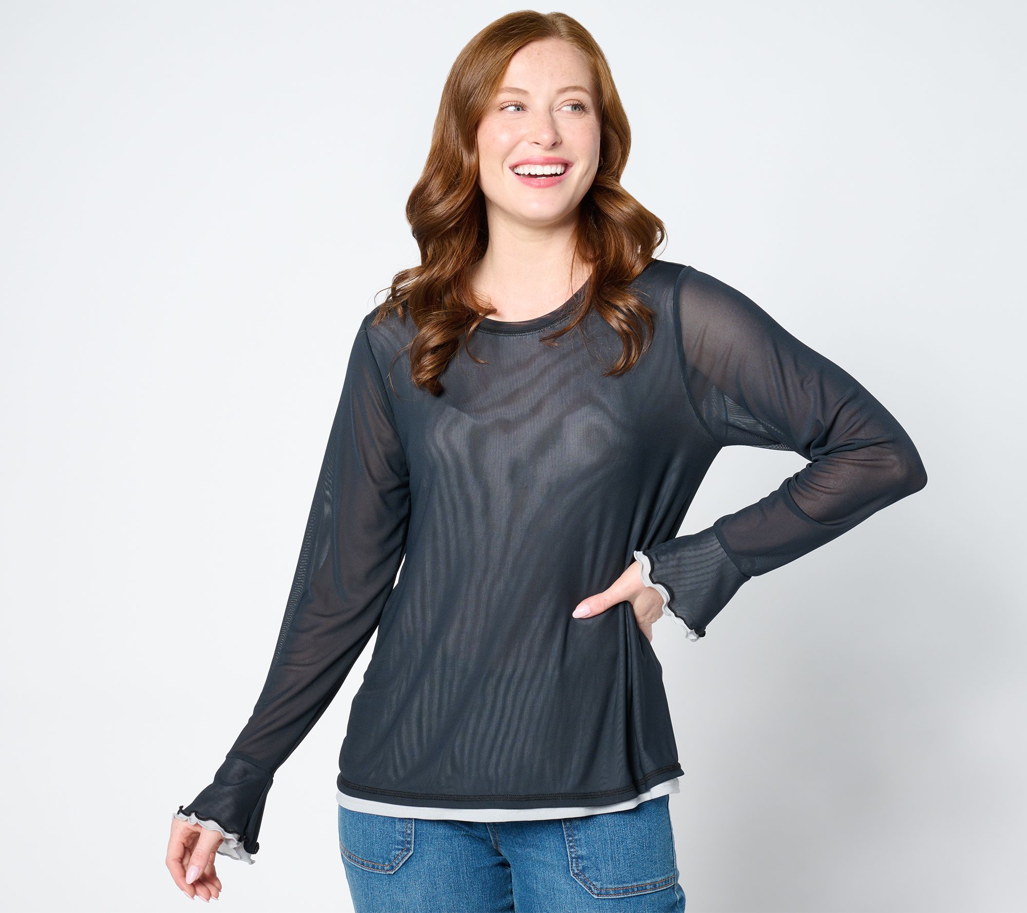 LOGO by Lori Goldstein Long Sleeve 2-Layer Mesh Top