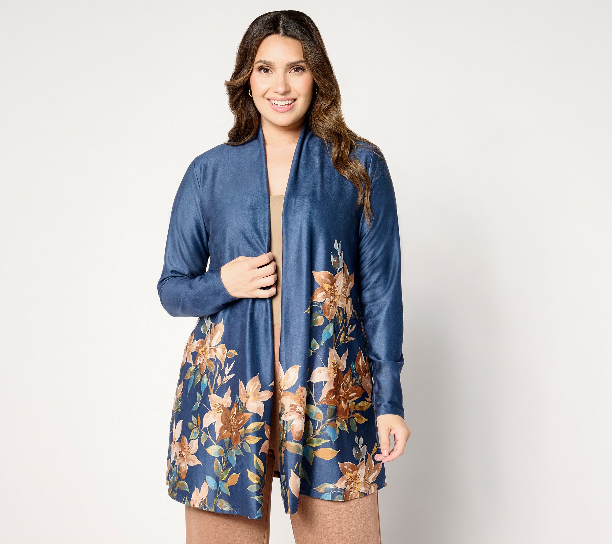 Susan Graver Regular Printed Faux Suede Open Front Duster