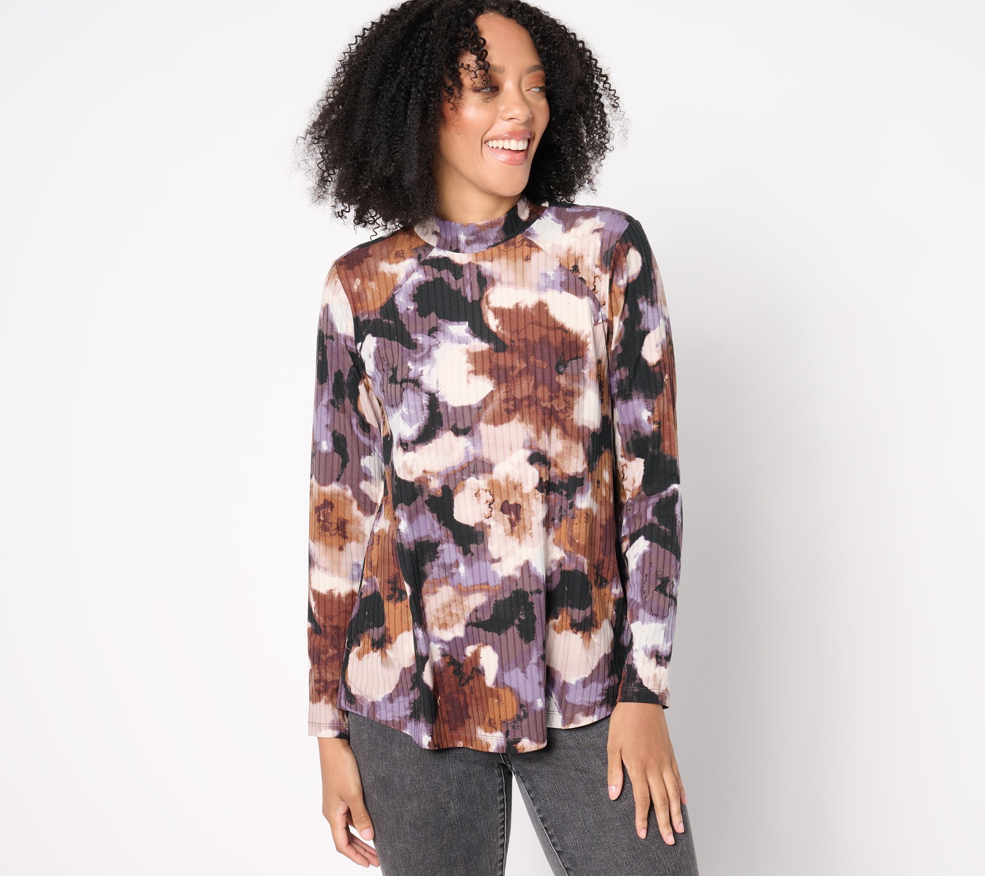 LOGO by Lori Goldstein Printed Mock Neck Brushed Rib Top