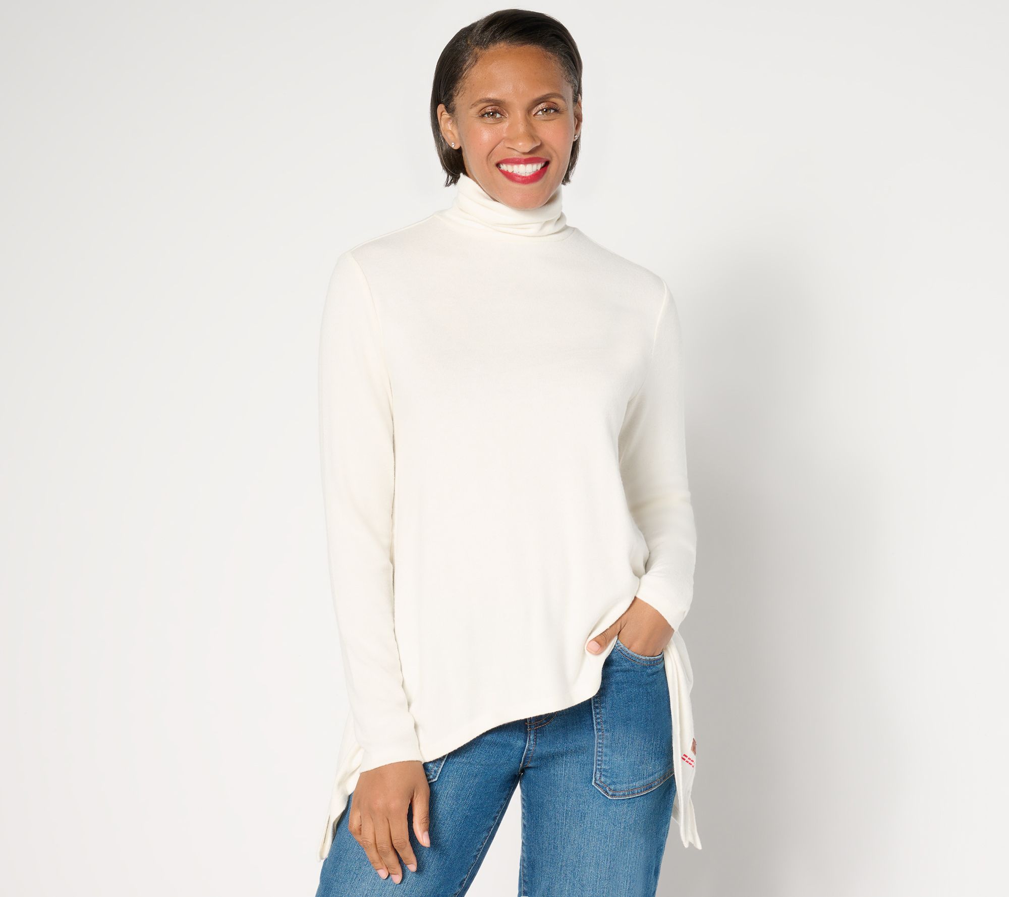 Peace Love World Comfy Turtleneck Sharkbite hem Long-Sleeve Top