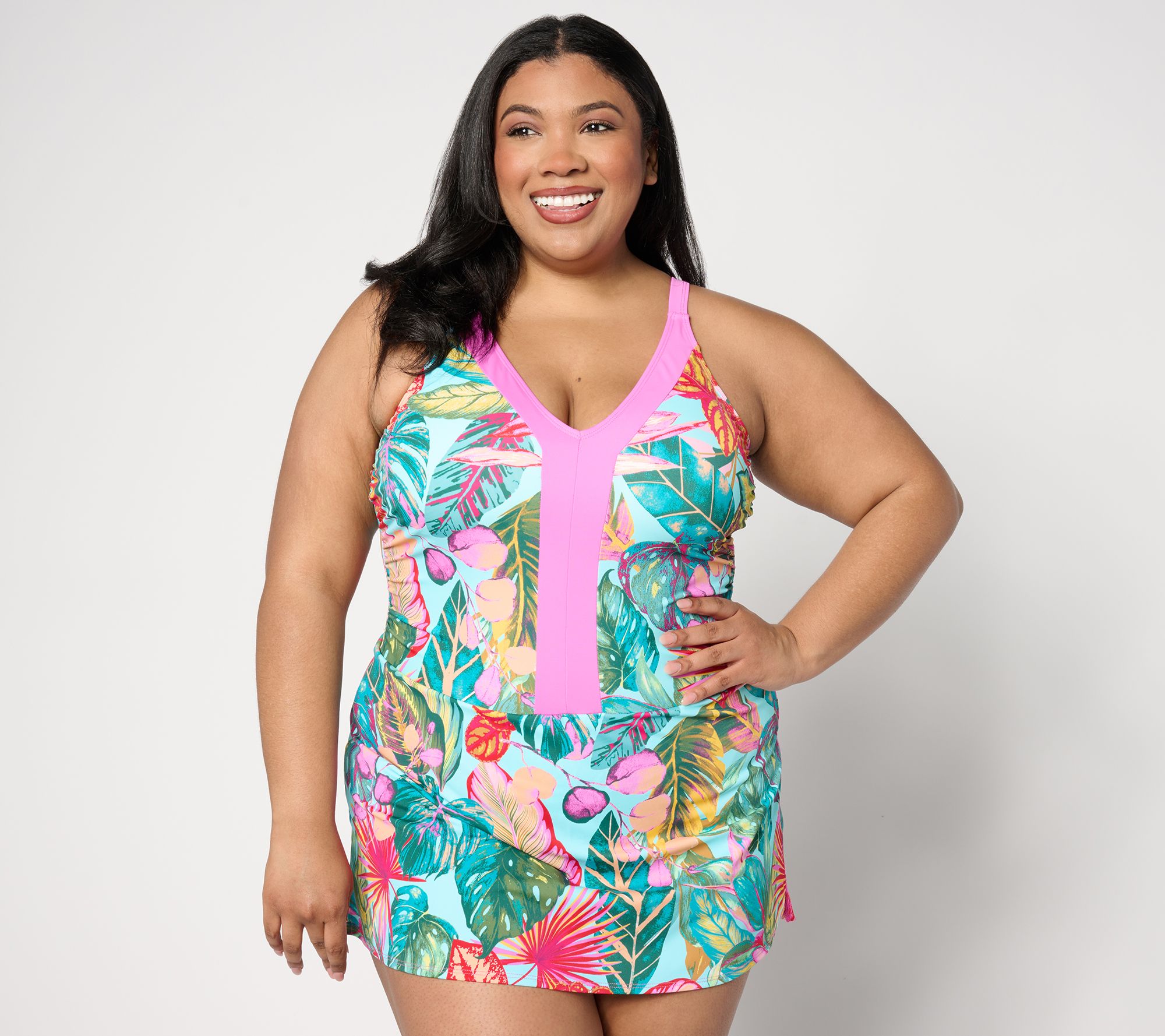 "As Is" Susan Graver Soleil V-Neck Color Blocked Swim Dress