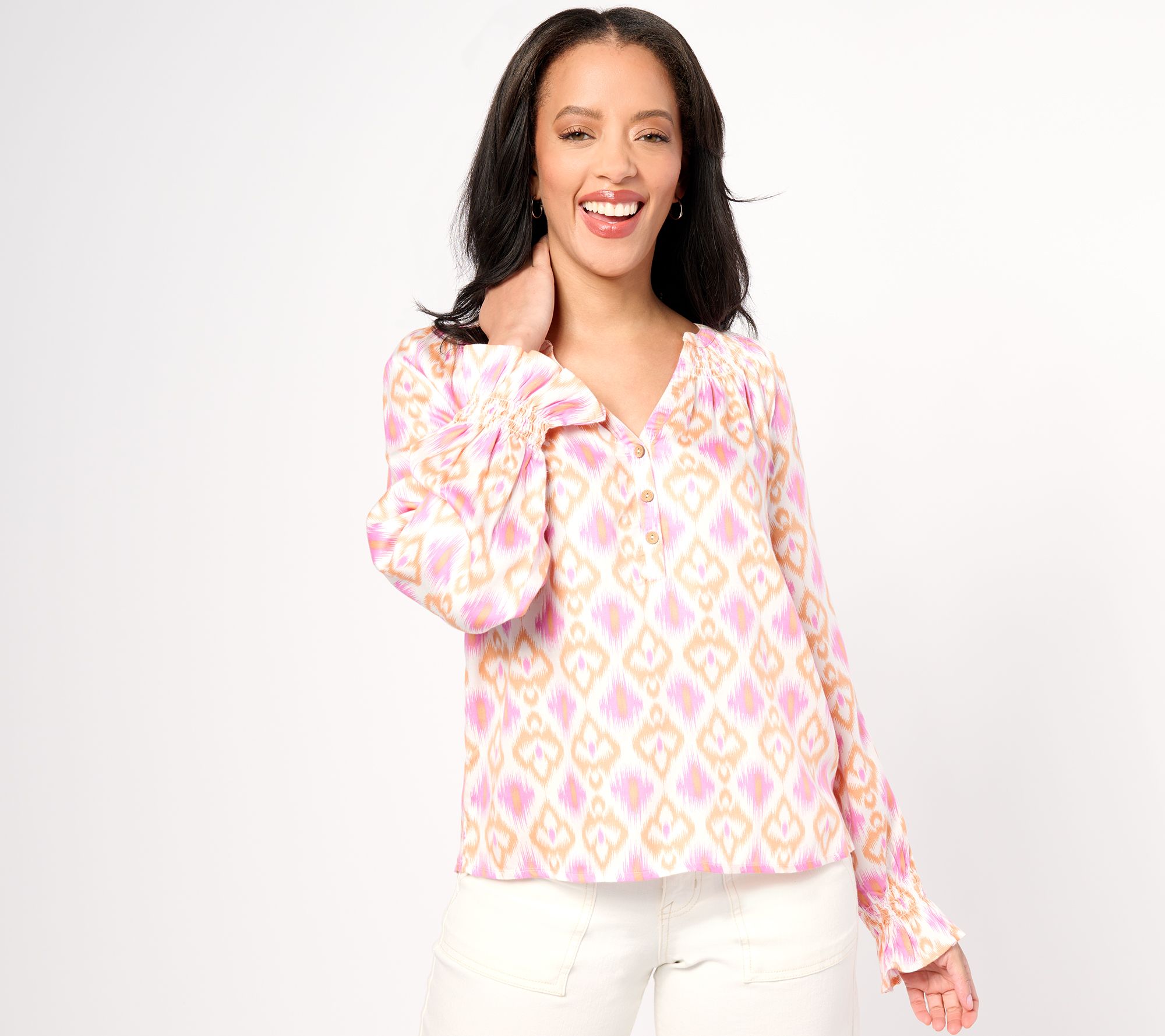 "As Is" Destination 365 Printed Blouse Split-Neck with Shirring Detail
