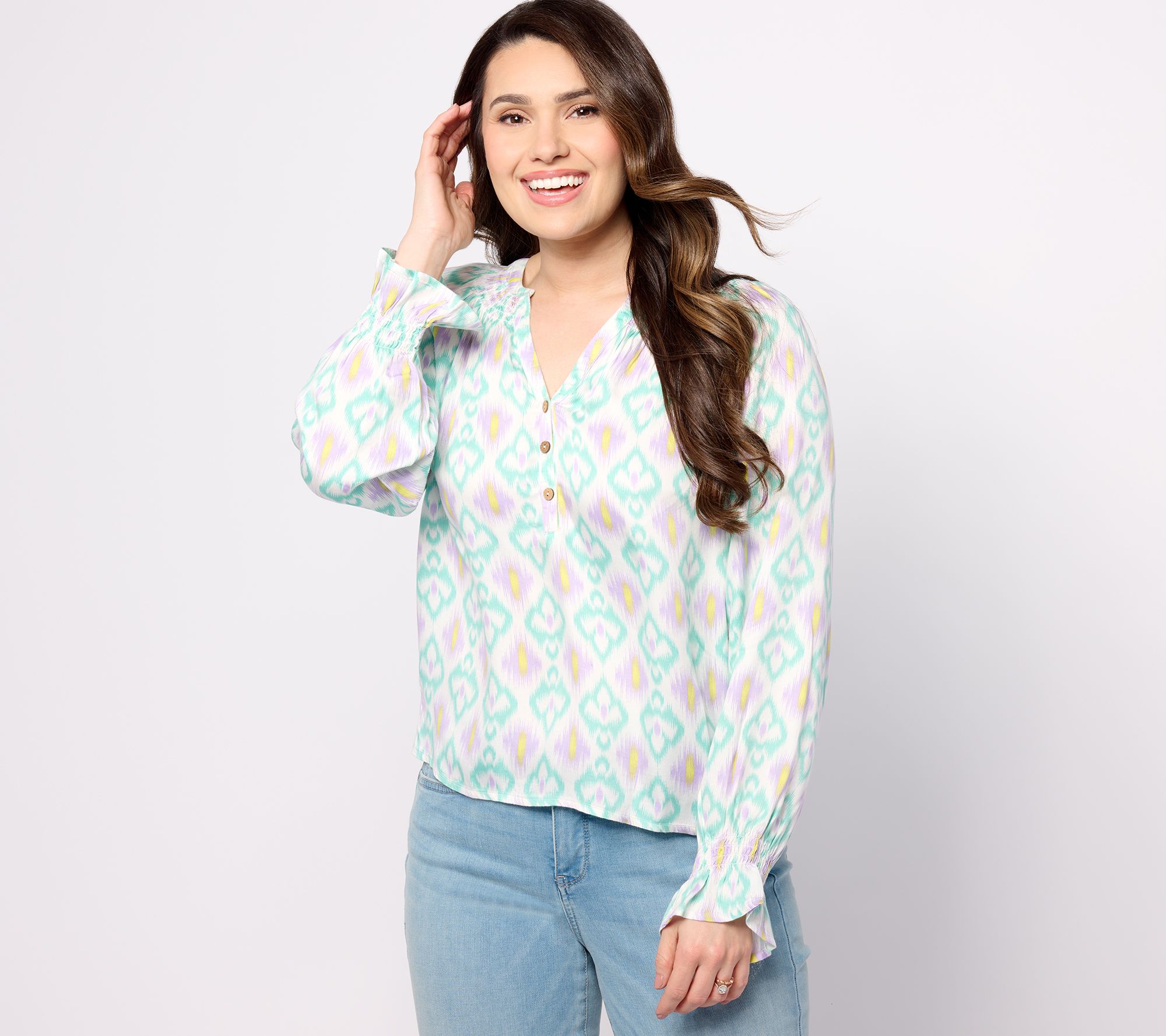 "As Is" Destination 365 Printed Blouse Split-Neck with Shirring Detail