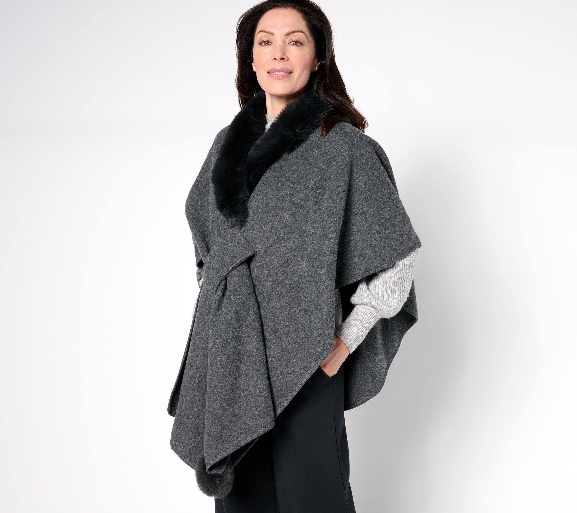 Belle by Kim Gravel Faux Fur Trim Pull Through Ruana