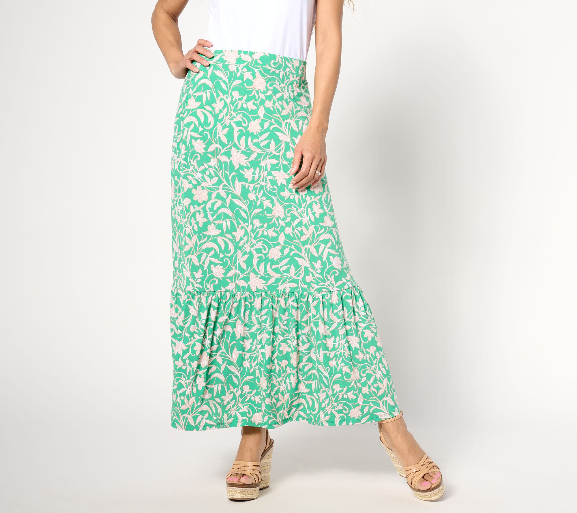 "As Is" Susan Graver Petite Printed Liquid Knit Tiered Maxi Skirt
