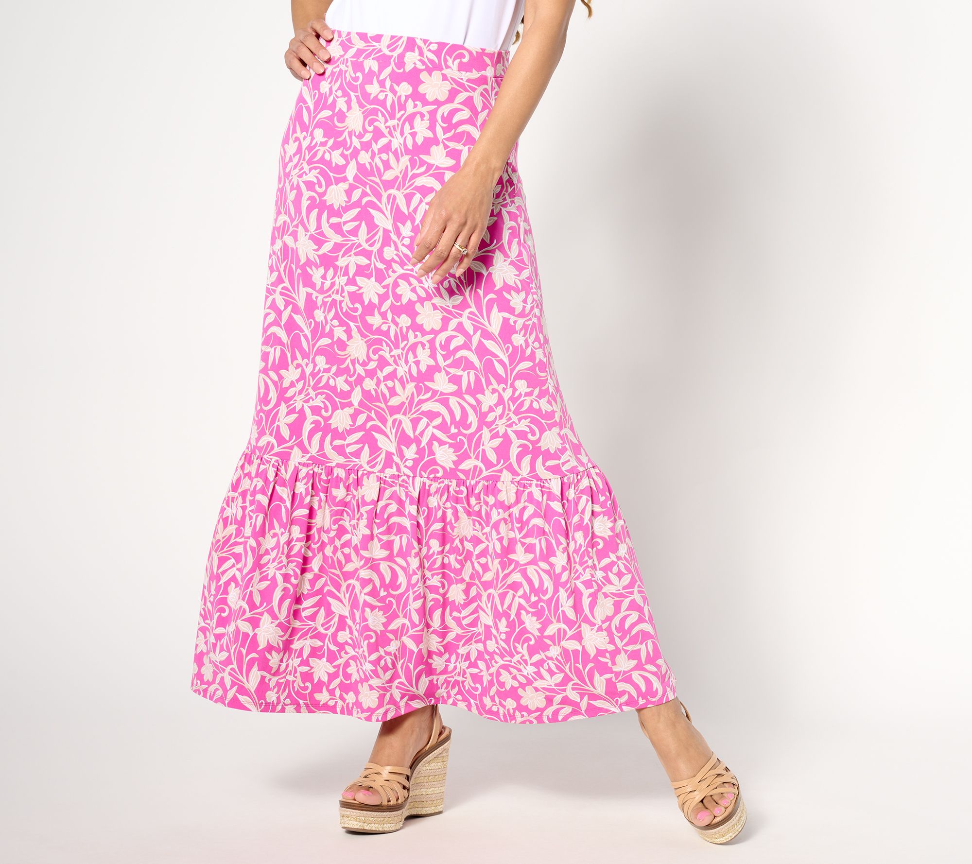 "As Is" Susan Graver Petite Printed Liquid Knit Tiered Maxi Skirt
