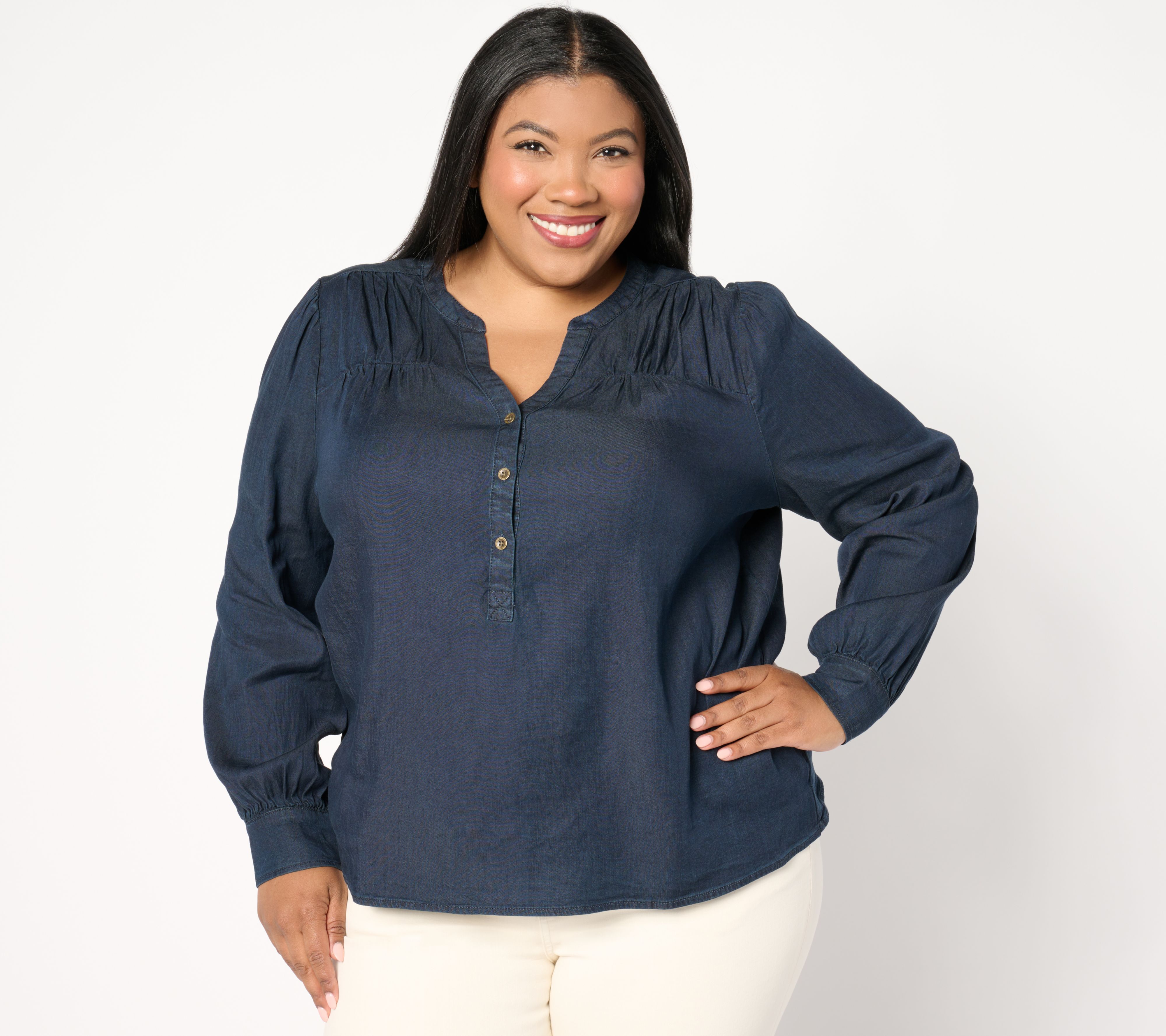 "As Is" AnyBody Drapey Denim Henley Top