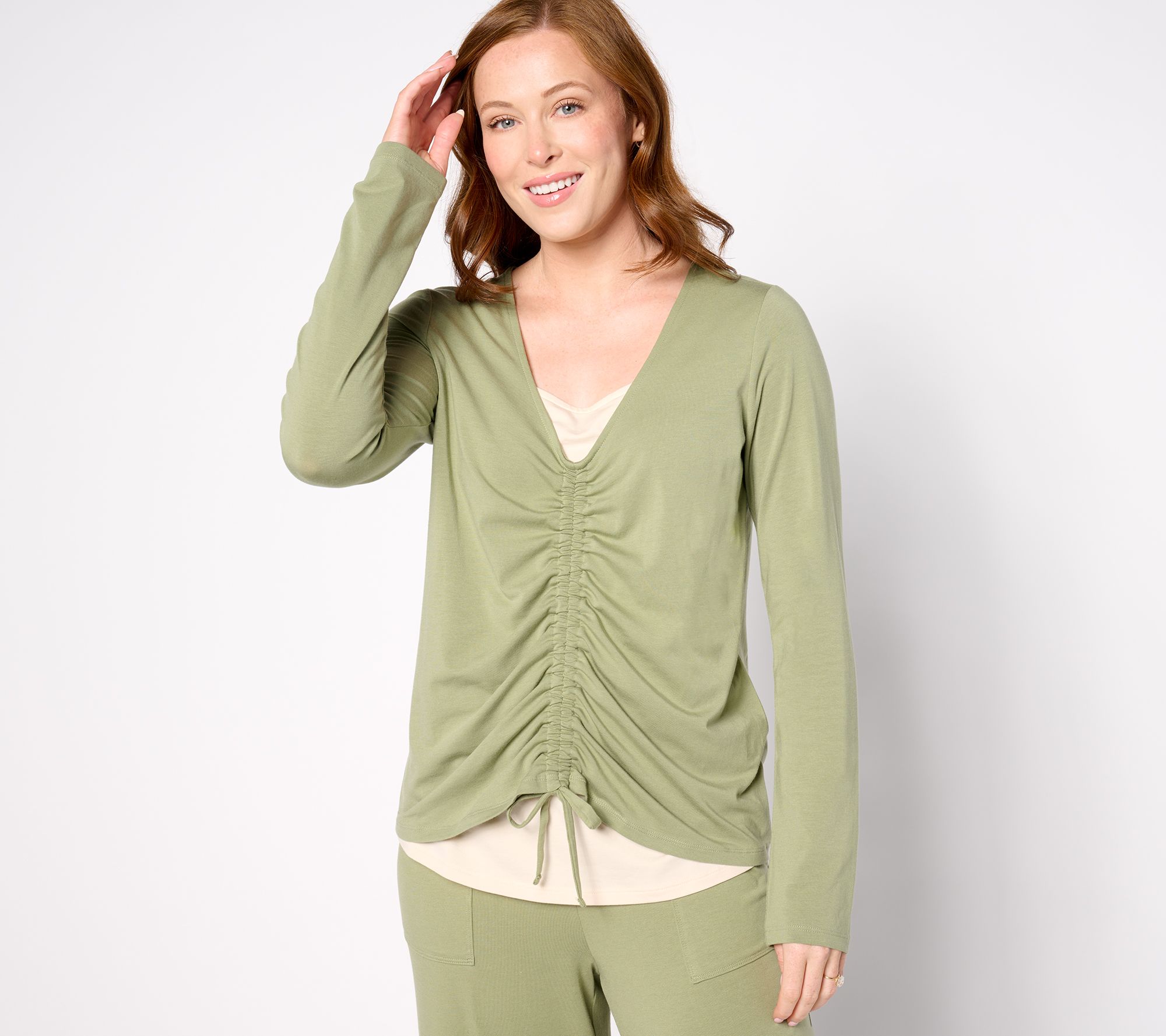 "As Is" AnyBody Cozy Knit Ruched Front 2-for-1 Top