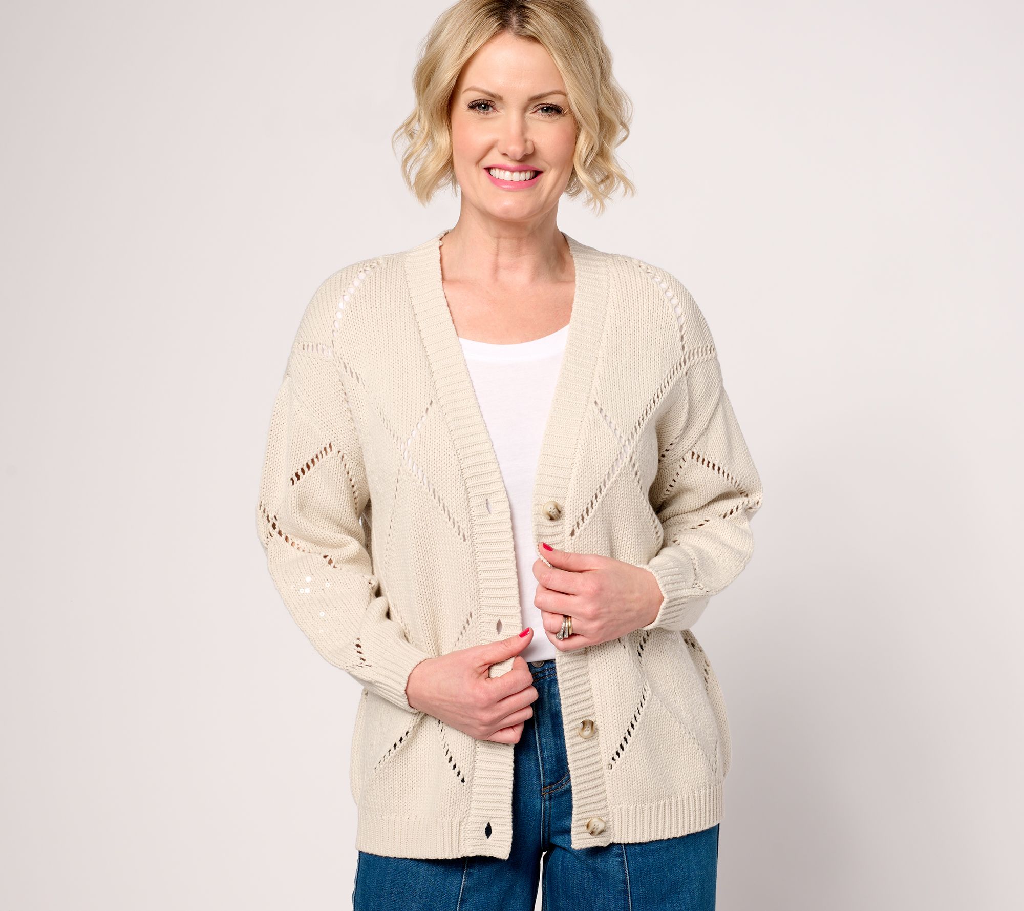 Martha Stewart Signature Diamond Stitch Button-Front Cardigan