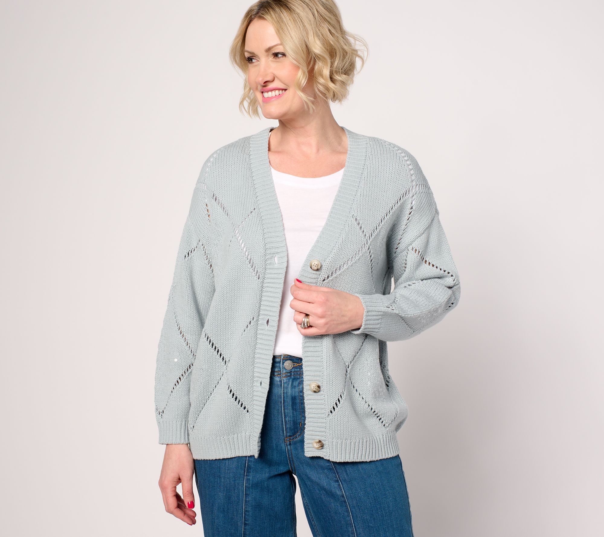 Martha Stewart Signature Diamond Stitch Button-Front Cardigan