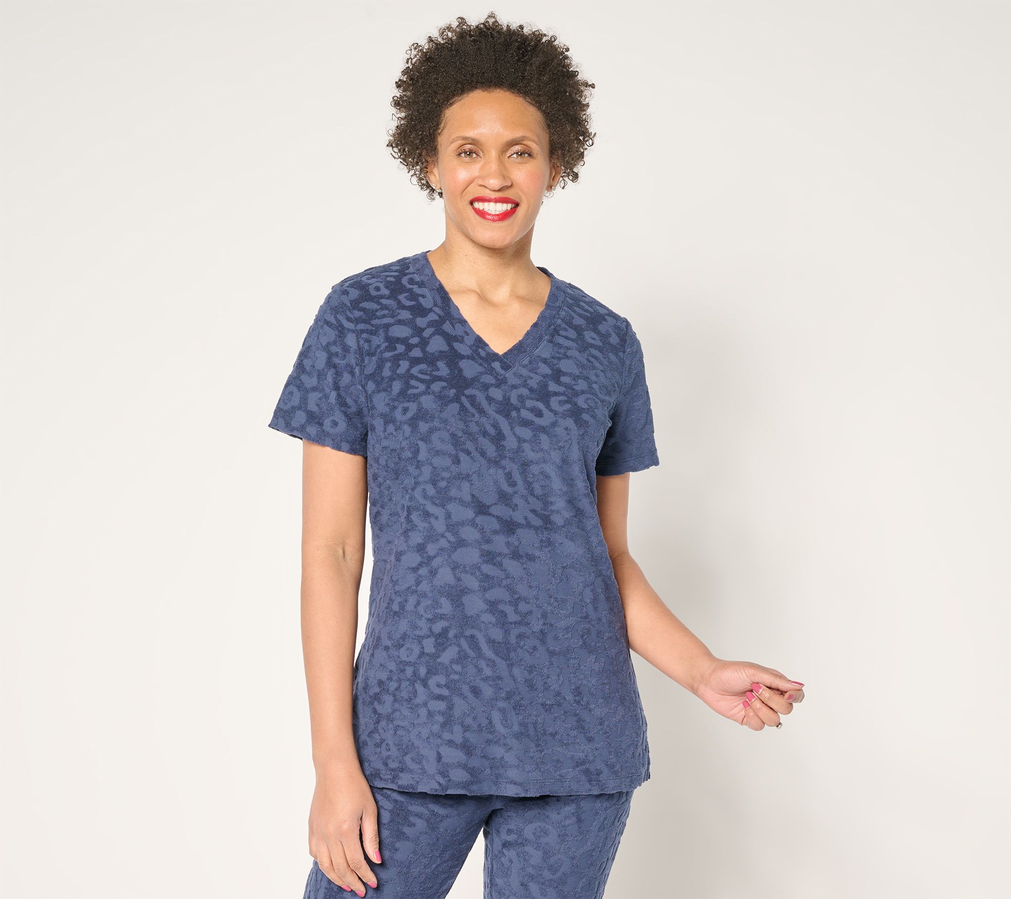 Belle Beach by Kim Gravel Poolside Terry Animal Jacquard V Neck Top