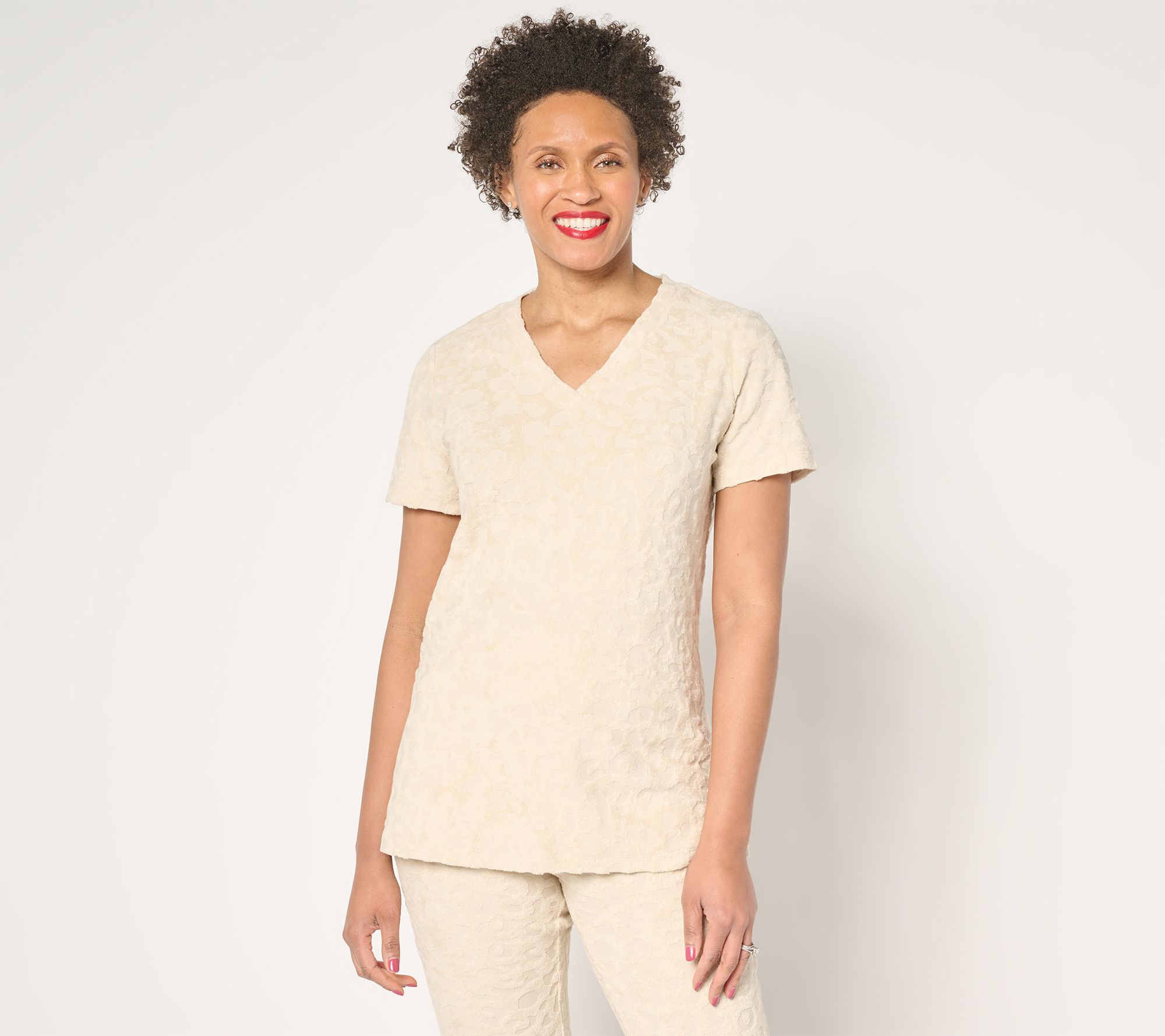 Belle Beach by Kim Gravel Poolside Terry Animal Jacquard V Neck Top