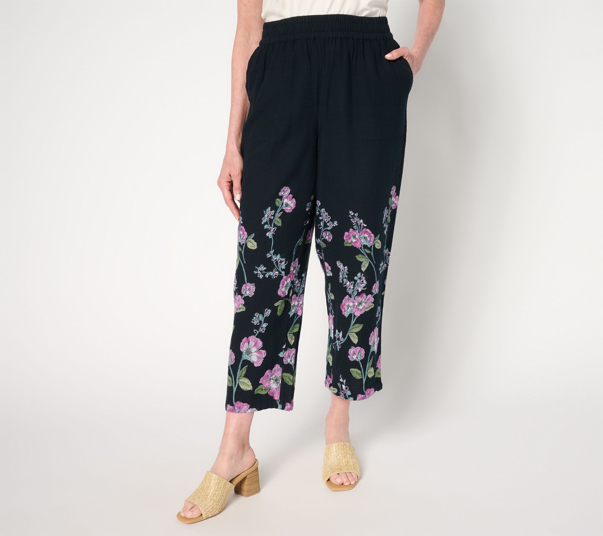 Susan Graver PURE Regular Printed Cotton Gauze Crop Pants