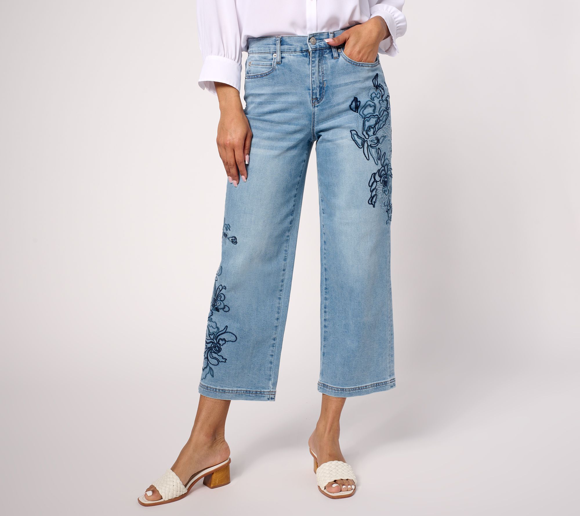 nicole by Nicole Miller Regular Stretch Embroidered Wide-Leg Jeans