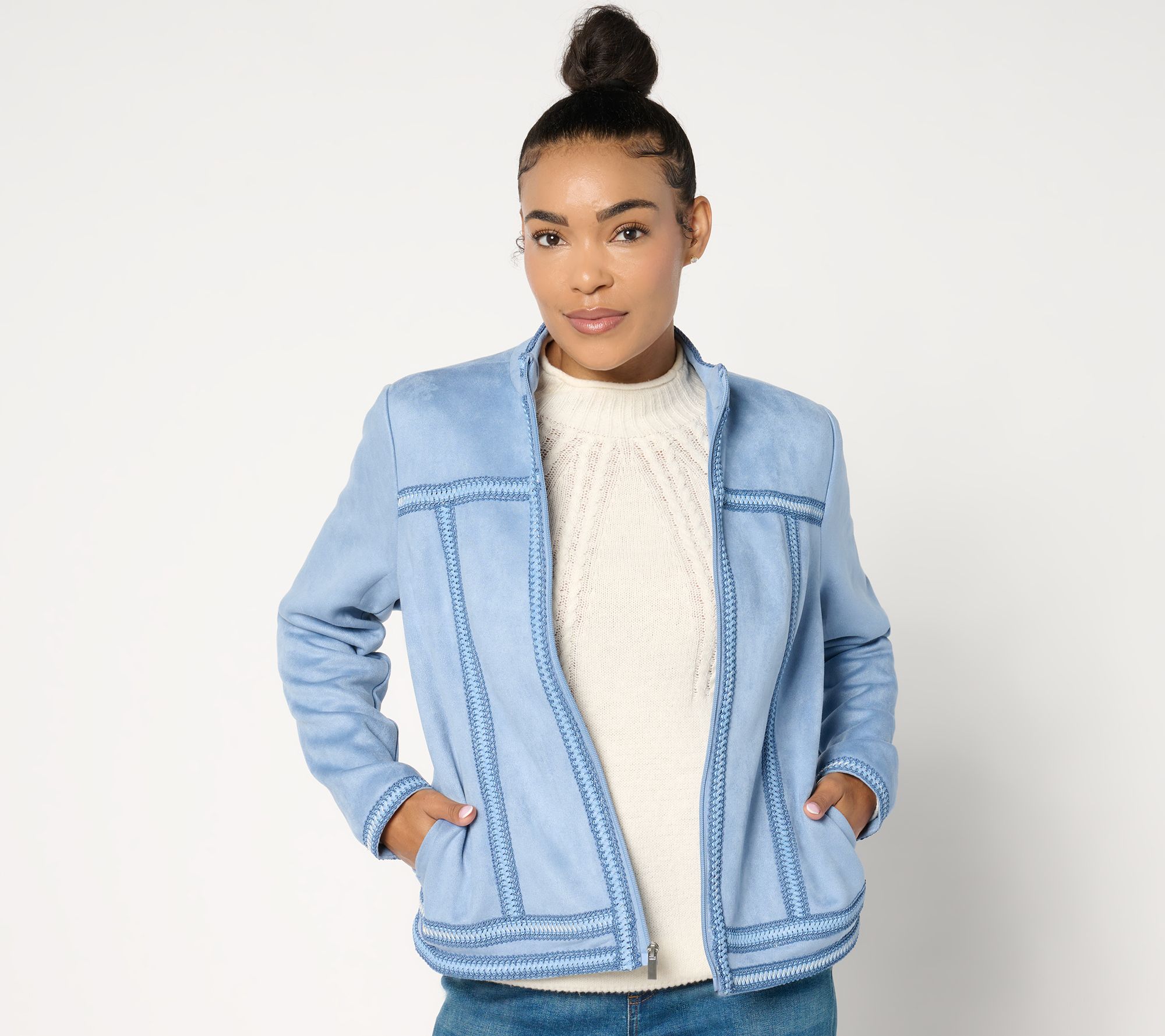 As Is Denim & Co. Archives Faux Suede Jacket w/ Crochet Trim