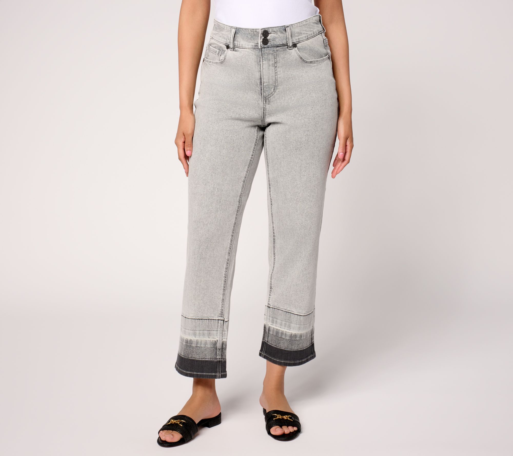 Susan Graver Petite Stretch Denim Full Leg Dip Dye Ankle Jean - Grey