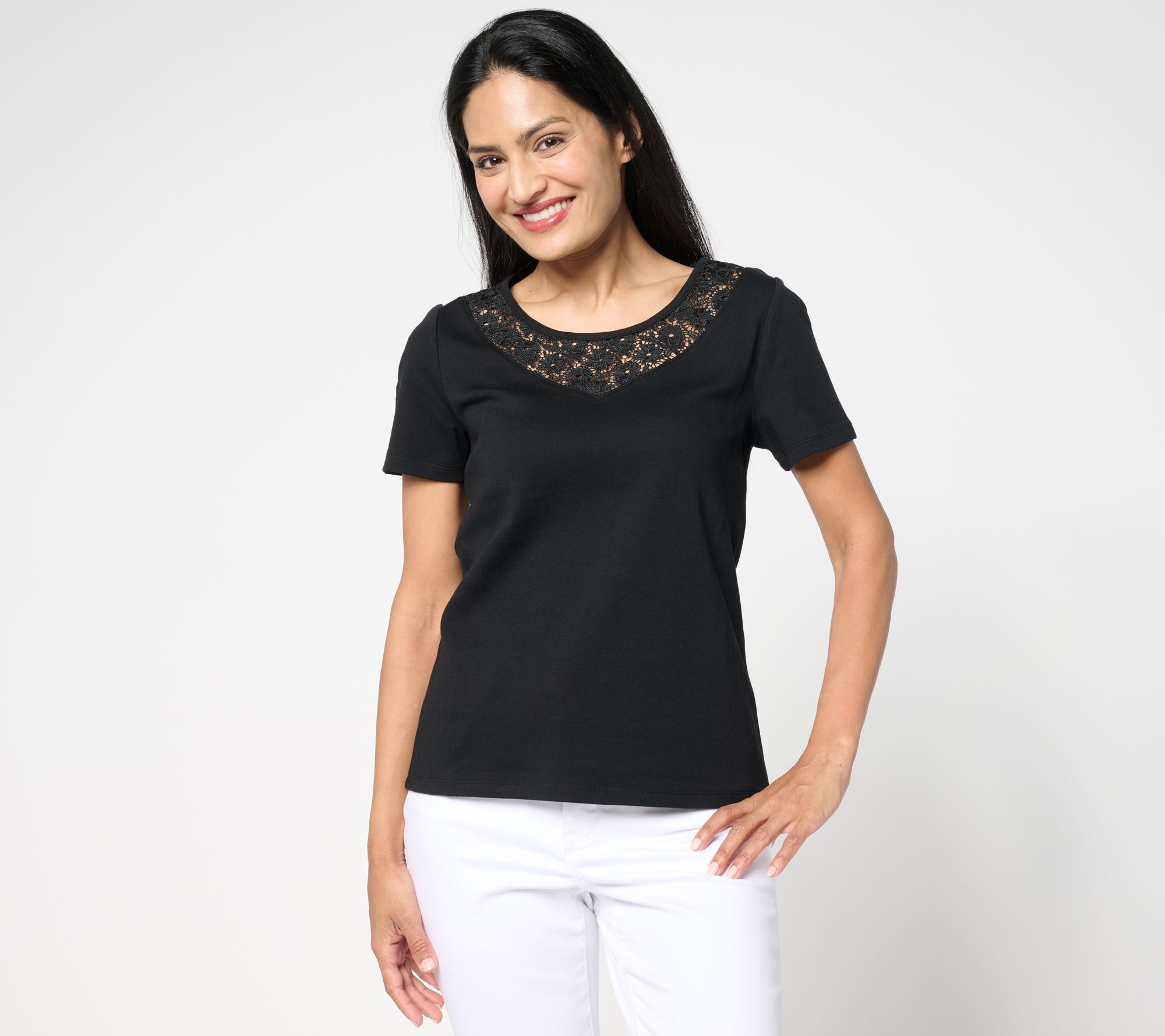 Isaac Mizrahi Live! Short Sleeve Cotton Top w/ Floral Lace Detail