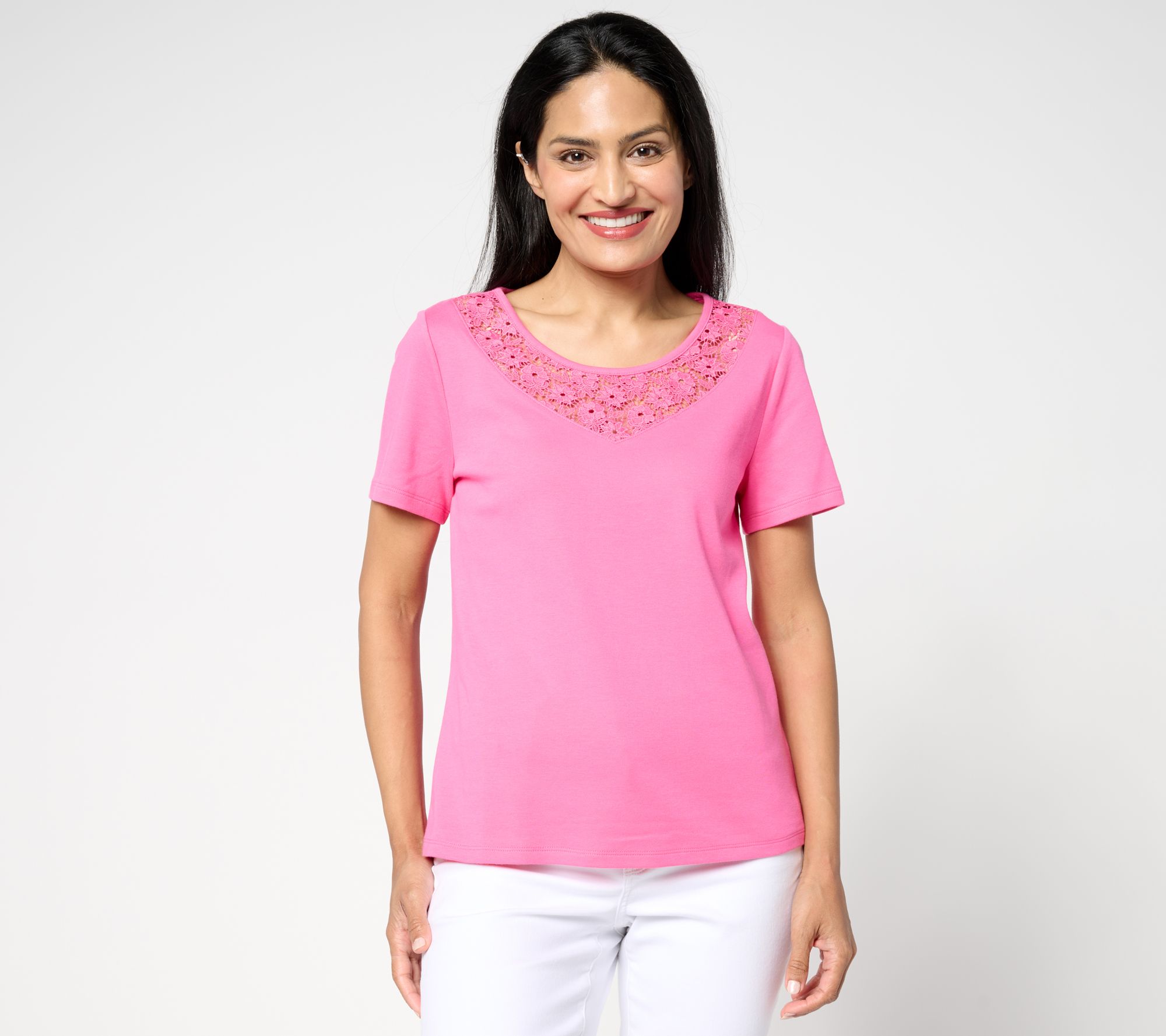 Isaac Mizrahi Live! Short Sleeve Cotton Top w/ Floral Lace Detail