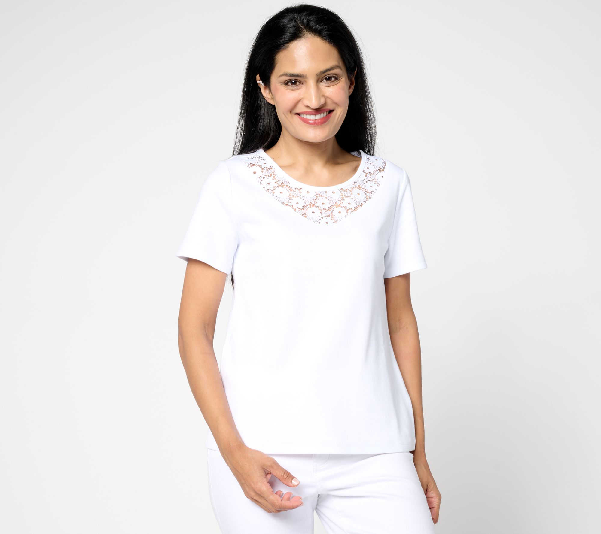 Isaac Mizrahi Live! Short Sleeve Cotton Top w/ Floral Lace Detail