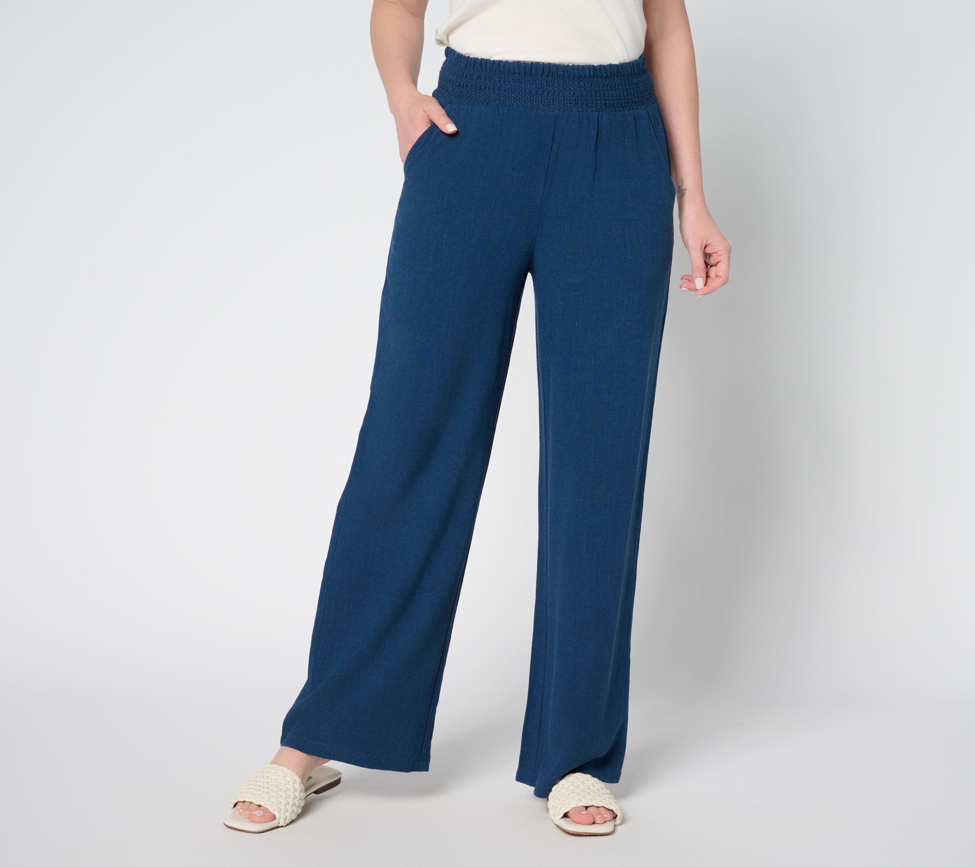 Belle by Kim Gravel Petite Riviera Linen Smocked Waist Wide Leg Pant