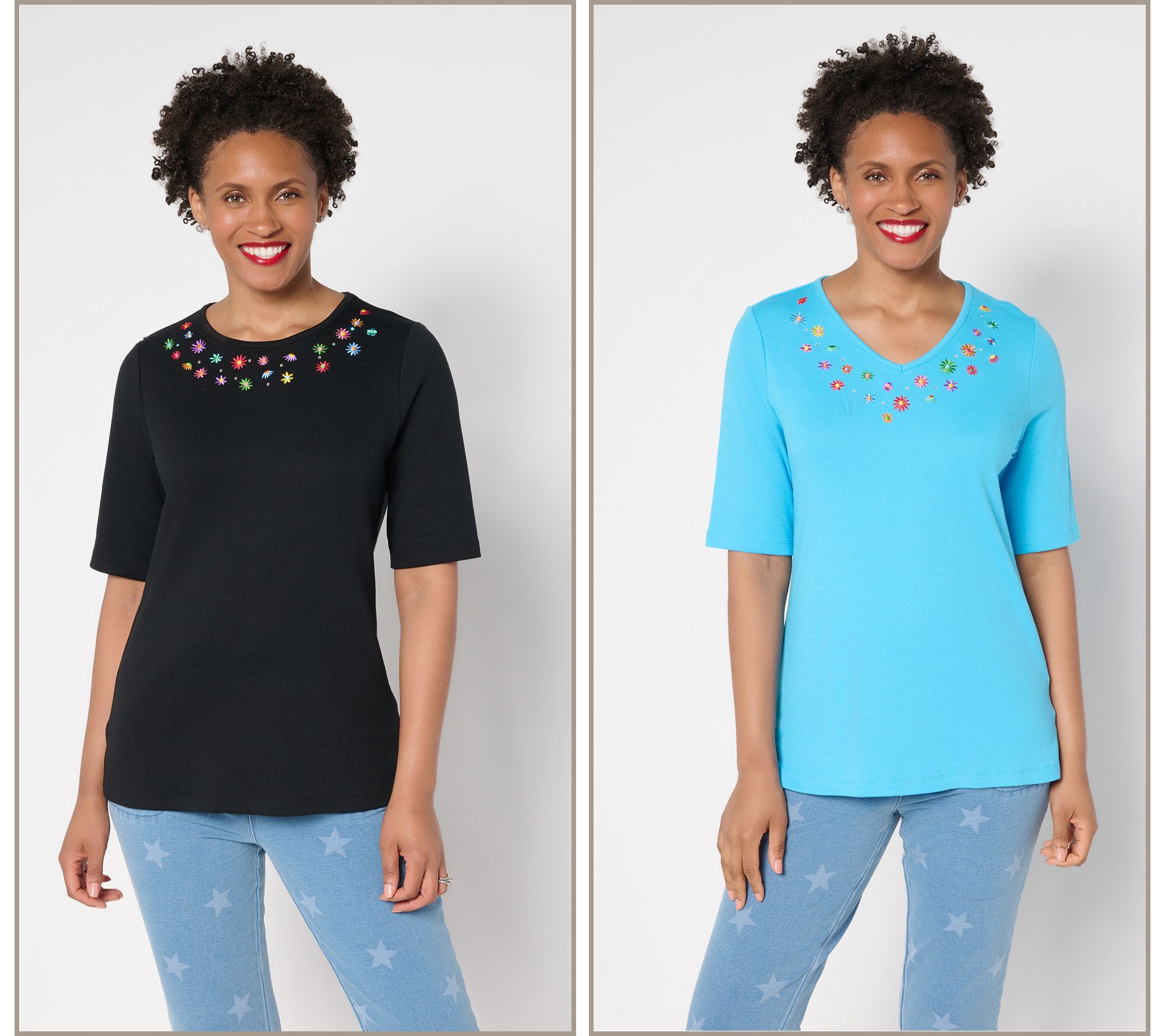 Quacker Factory Tiny Daisies Set of 2 Elbow Sleeve Tops