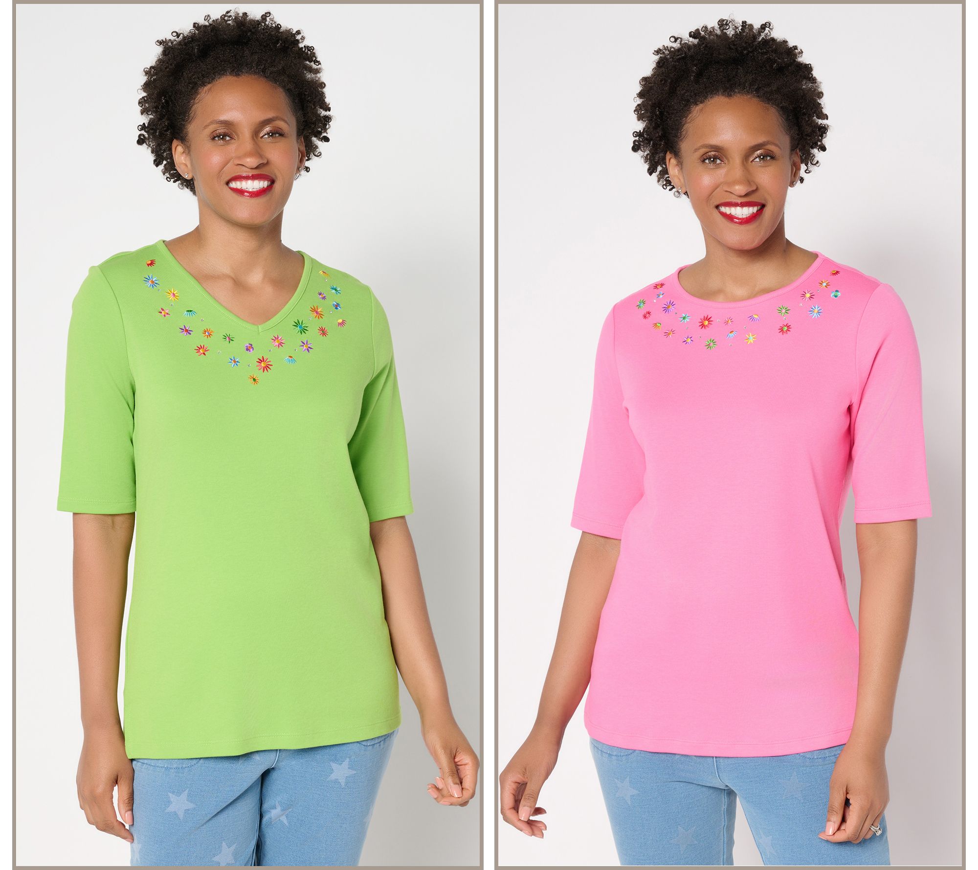 Quacker Factory Tiny Daisies Set of 2 Elbow Sleeve Tops