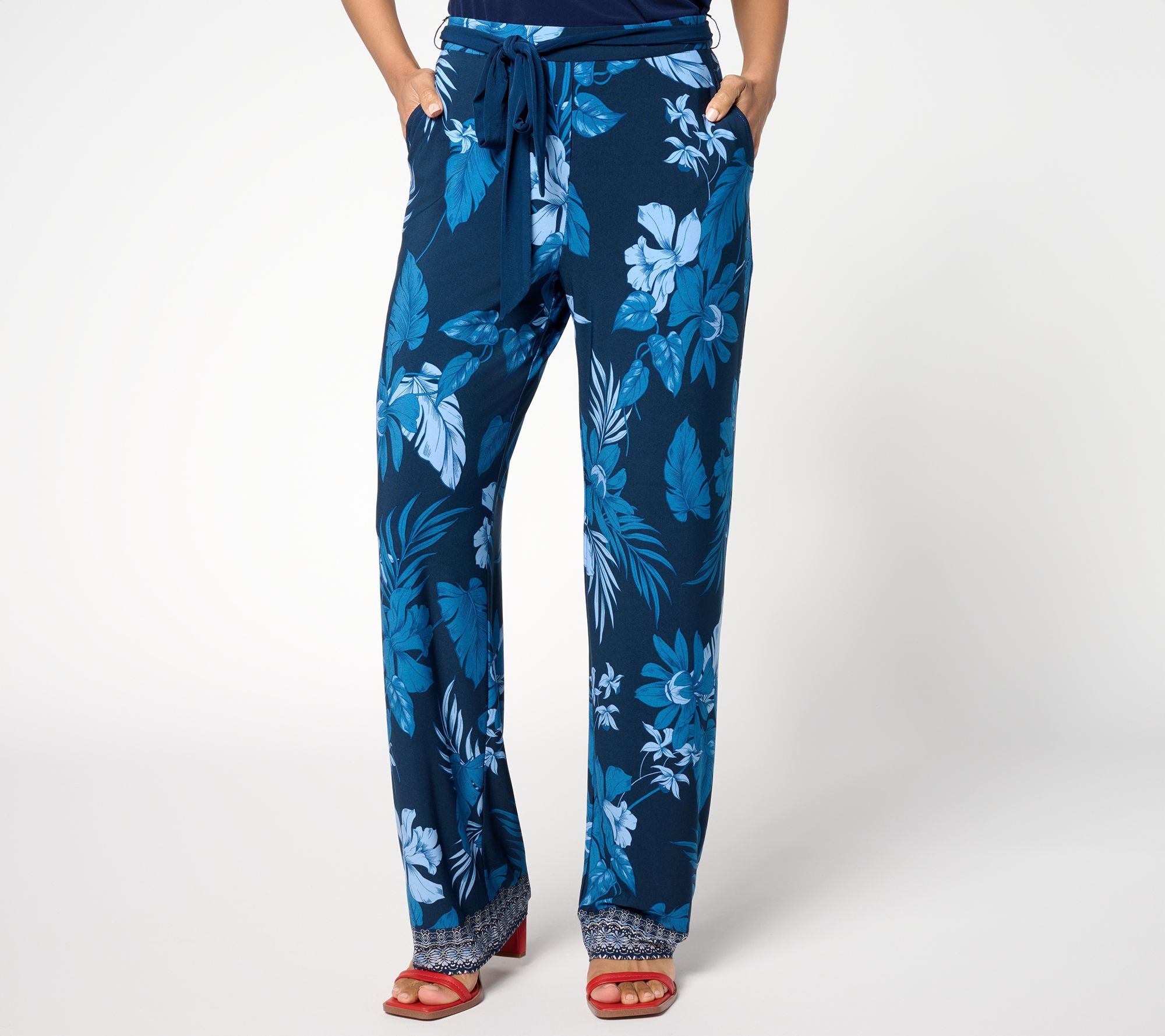 Susan Graver Petite Printed Liquid Knit Wide Leg Pant with Belt