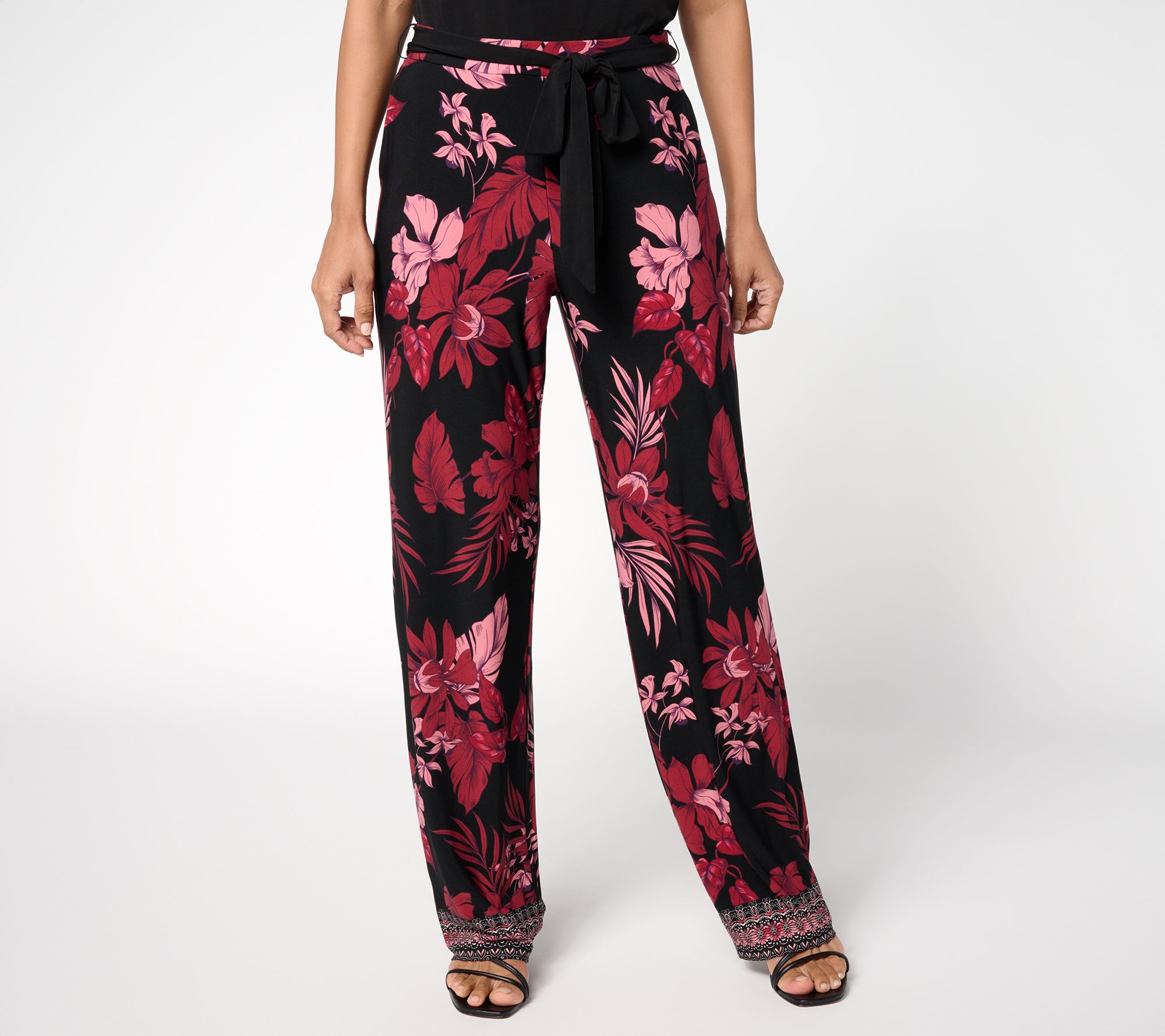Susan Graver Petite Printed Liquid Knit Wide Leg Pant with Belt