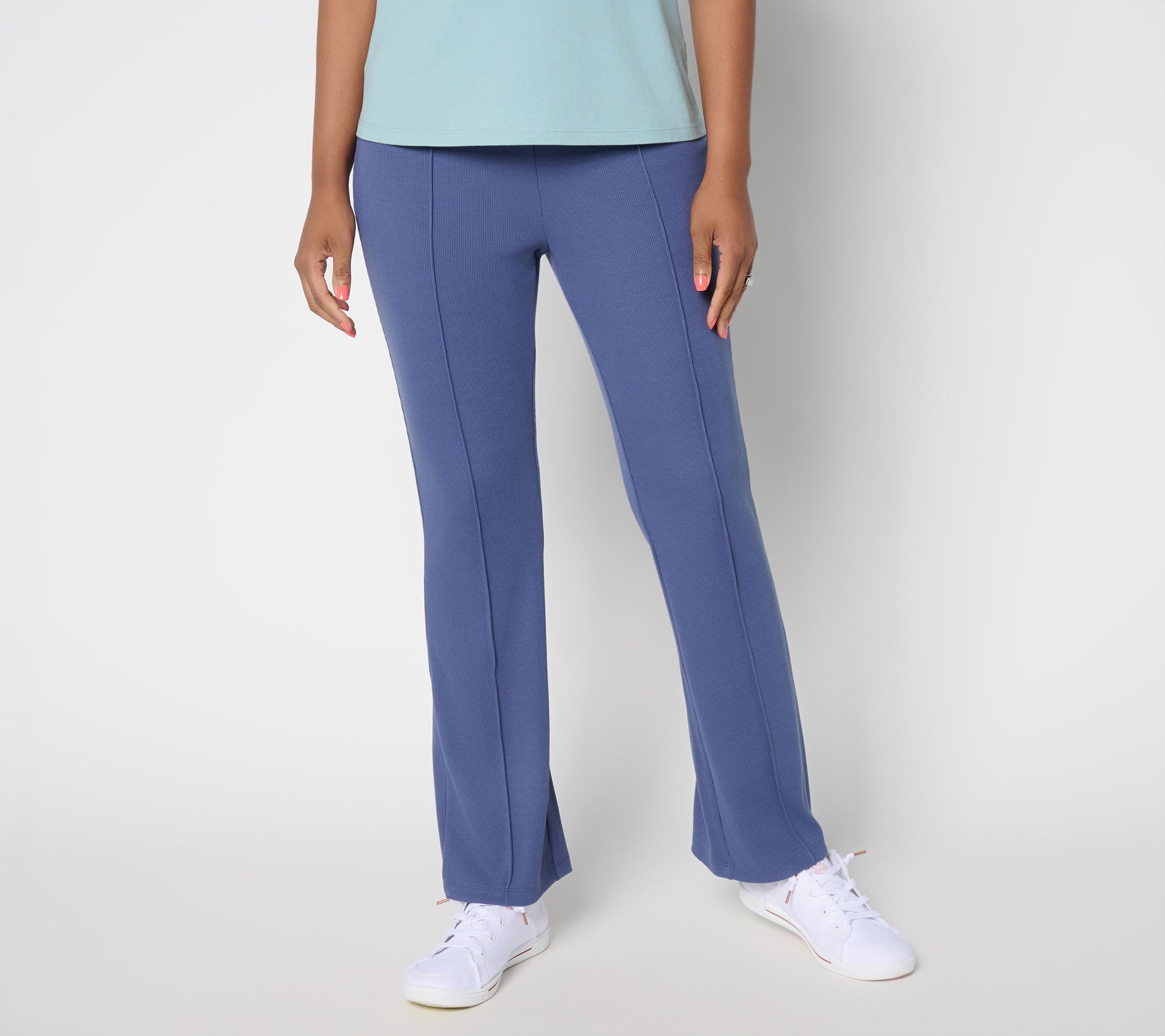 LOGO by Lori Goldstein Petite Full Length Knit Rib Flare Pants