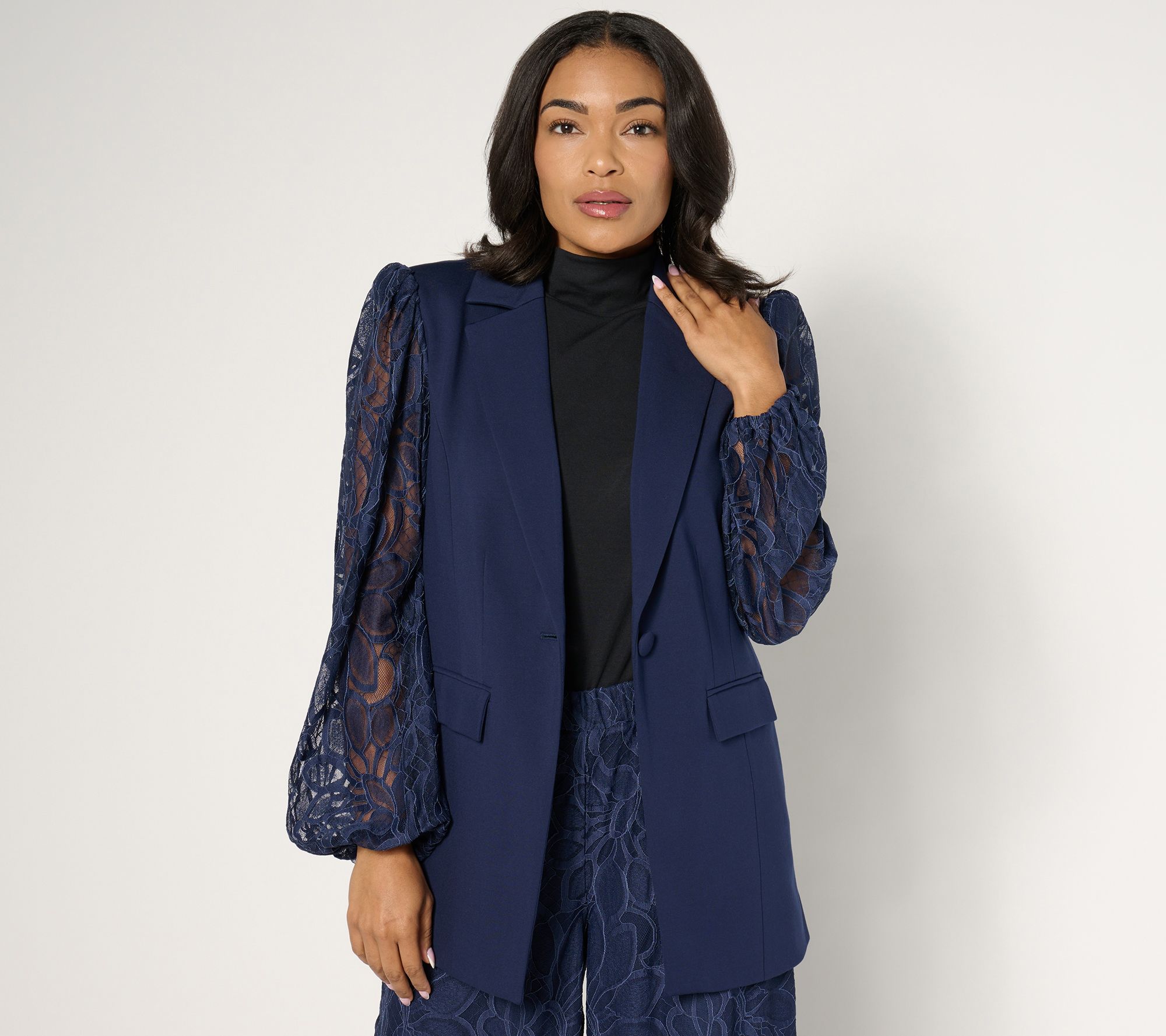 "As Is" Dennis Basso Regular Ponte Knit Blazer with Lace Sleeves