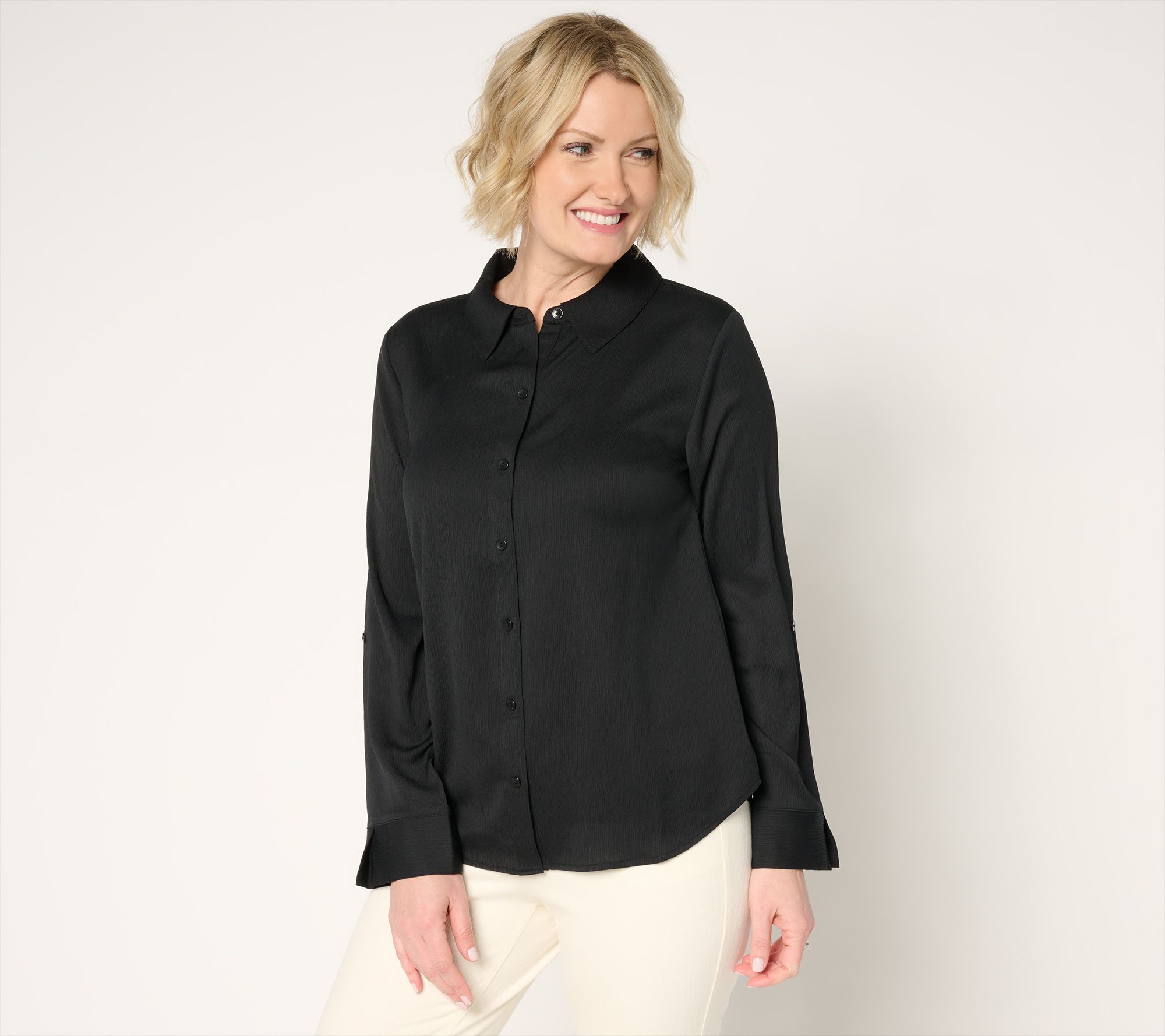 "As Is" Isaac Mizrahi Live! Crinkle Button Front Shirt with Roll Tab