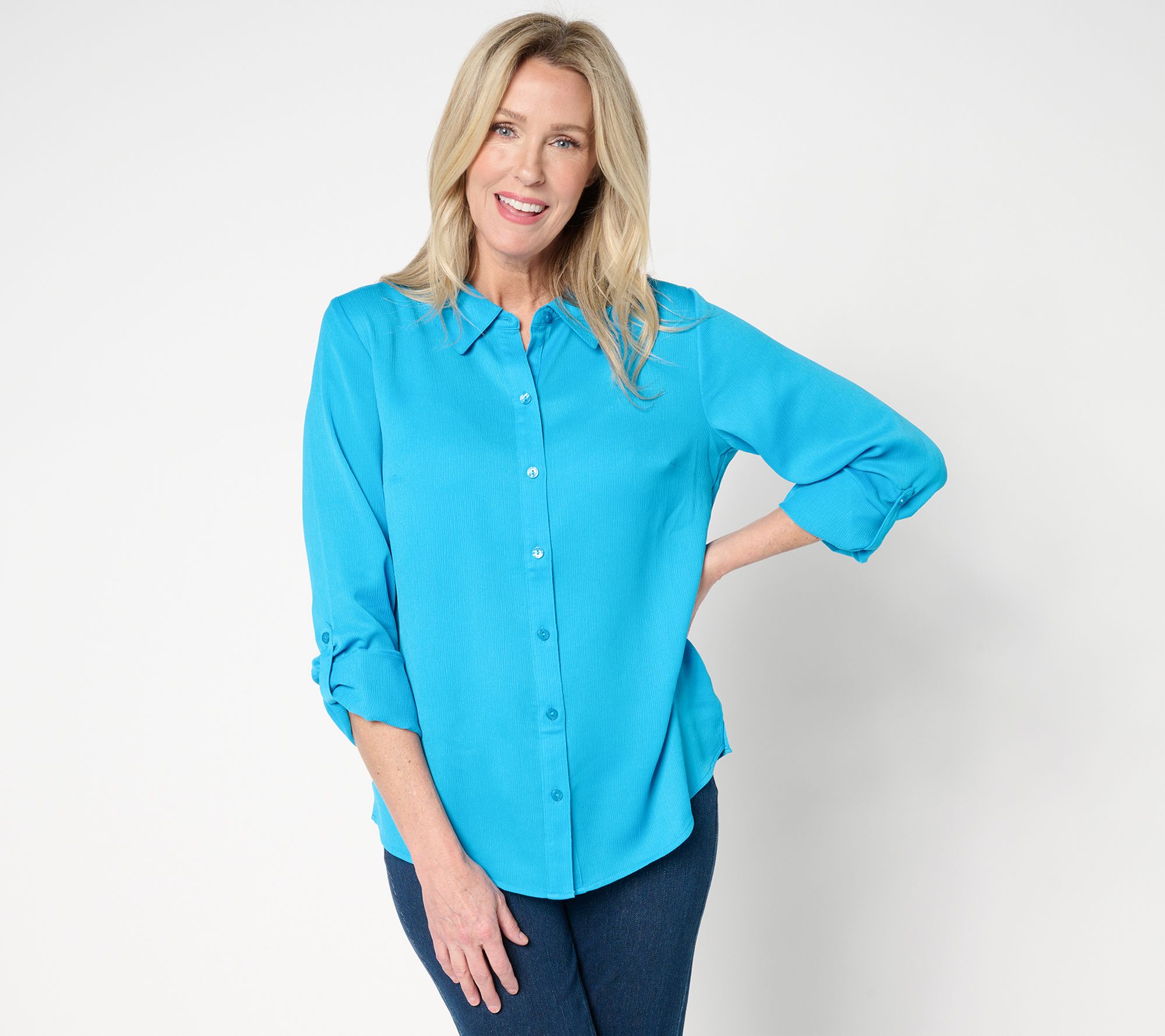 "As Is" Isaac Mizrahi Live! Crinkle Button Front Shirt with Roll Tab