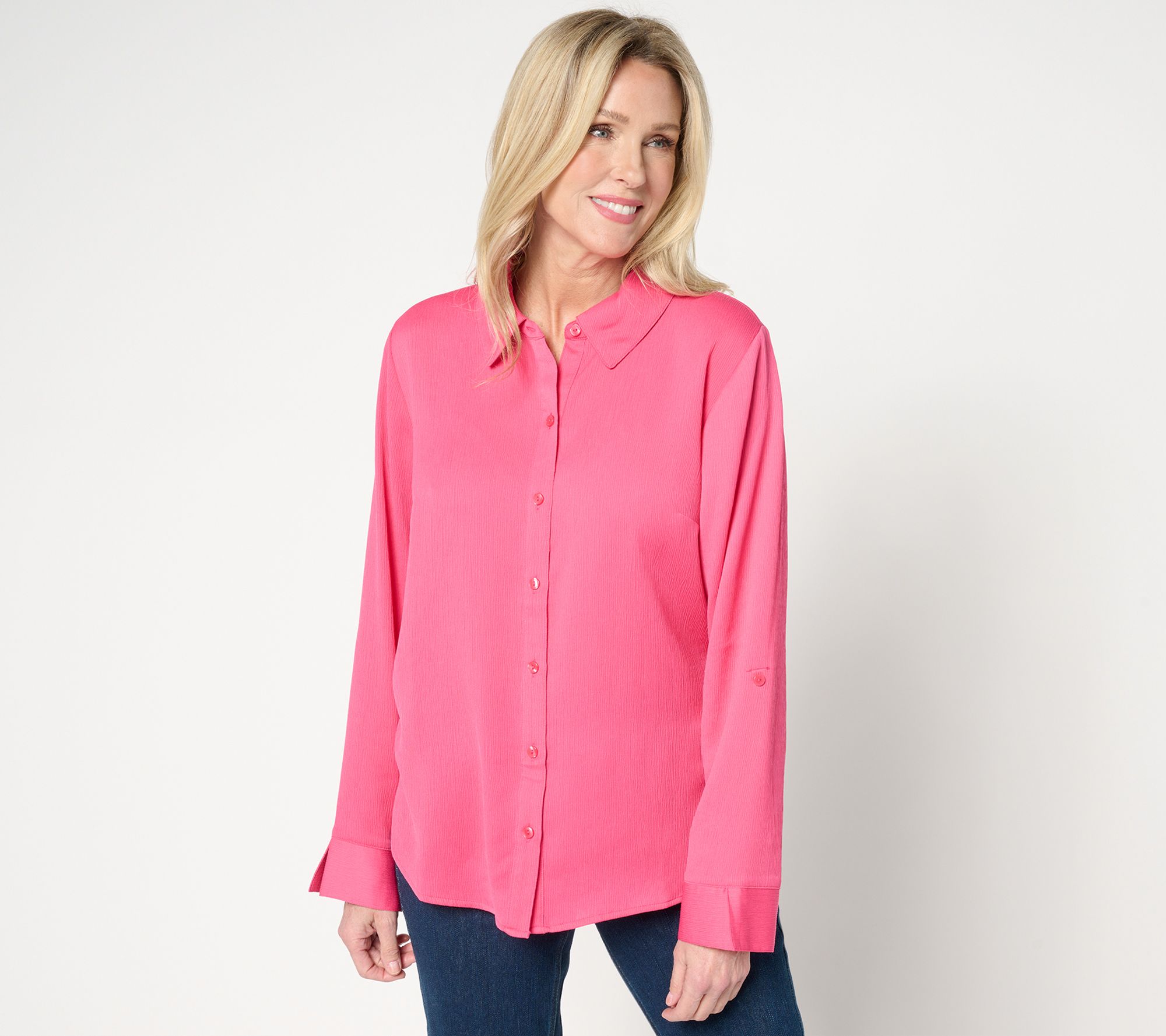 "As Is" Isaac Mizrahi Live! Crinkle Button Front Shirt with Roll Tab