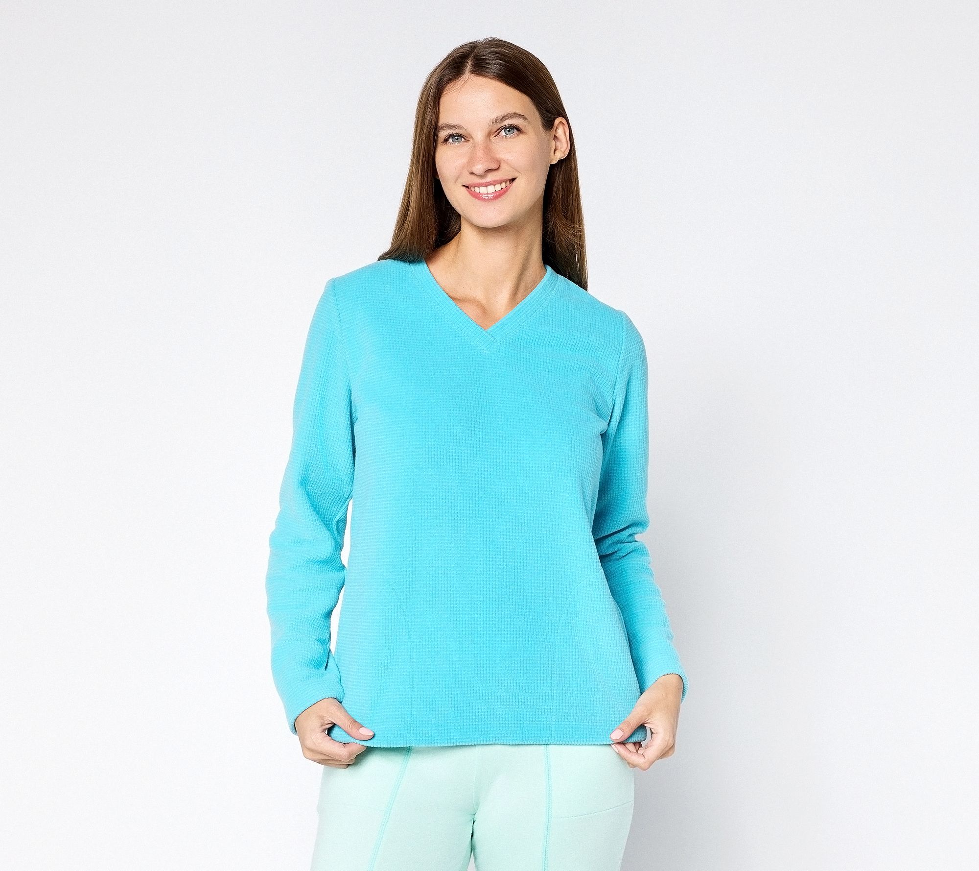 Denim & Co. Petite Chenille Fleece V-Neck Pullover with Pockets