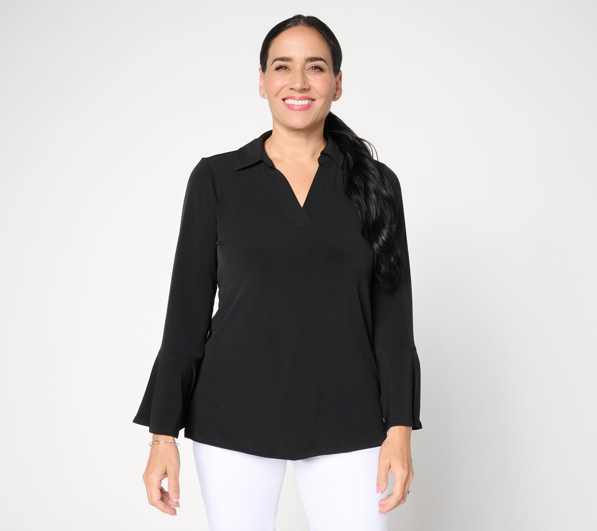 Susan Graver Petite Liquid Knit Split Neck Bell Sleeve Tunic