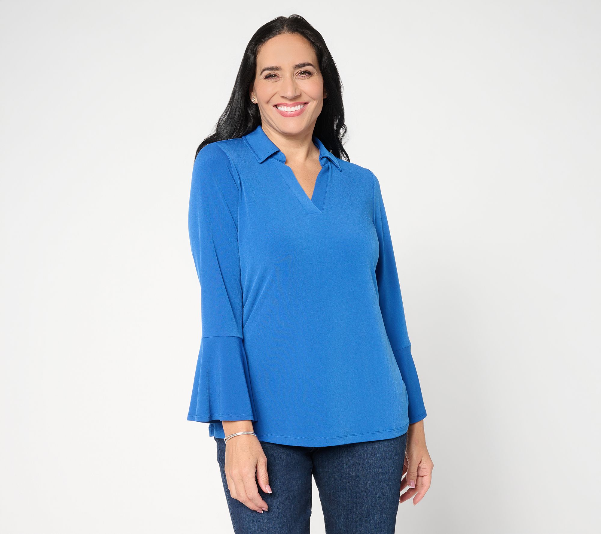 Susan Graver Petite Liquid Knit Split Neck Bell Sleeve Tunic