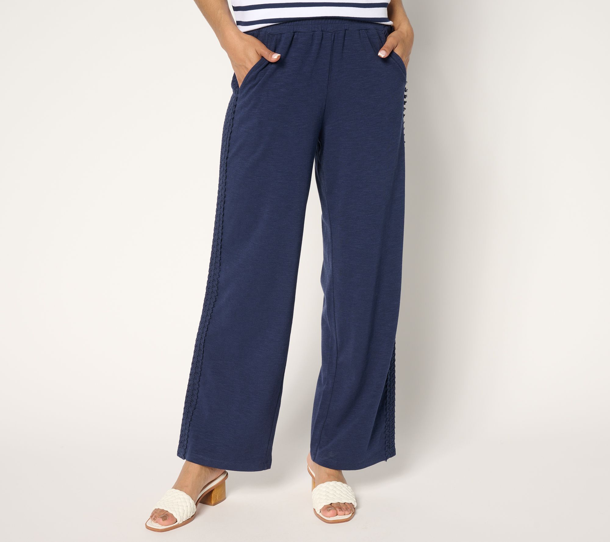 "As Is" Belle by Kim Gravel Reg Slub Knit Pull On Pant w/ Crochet Trim