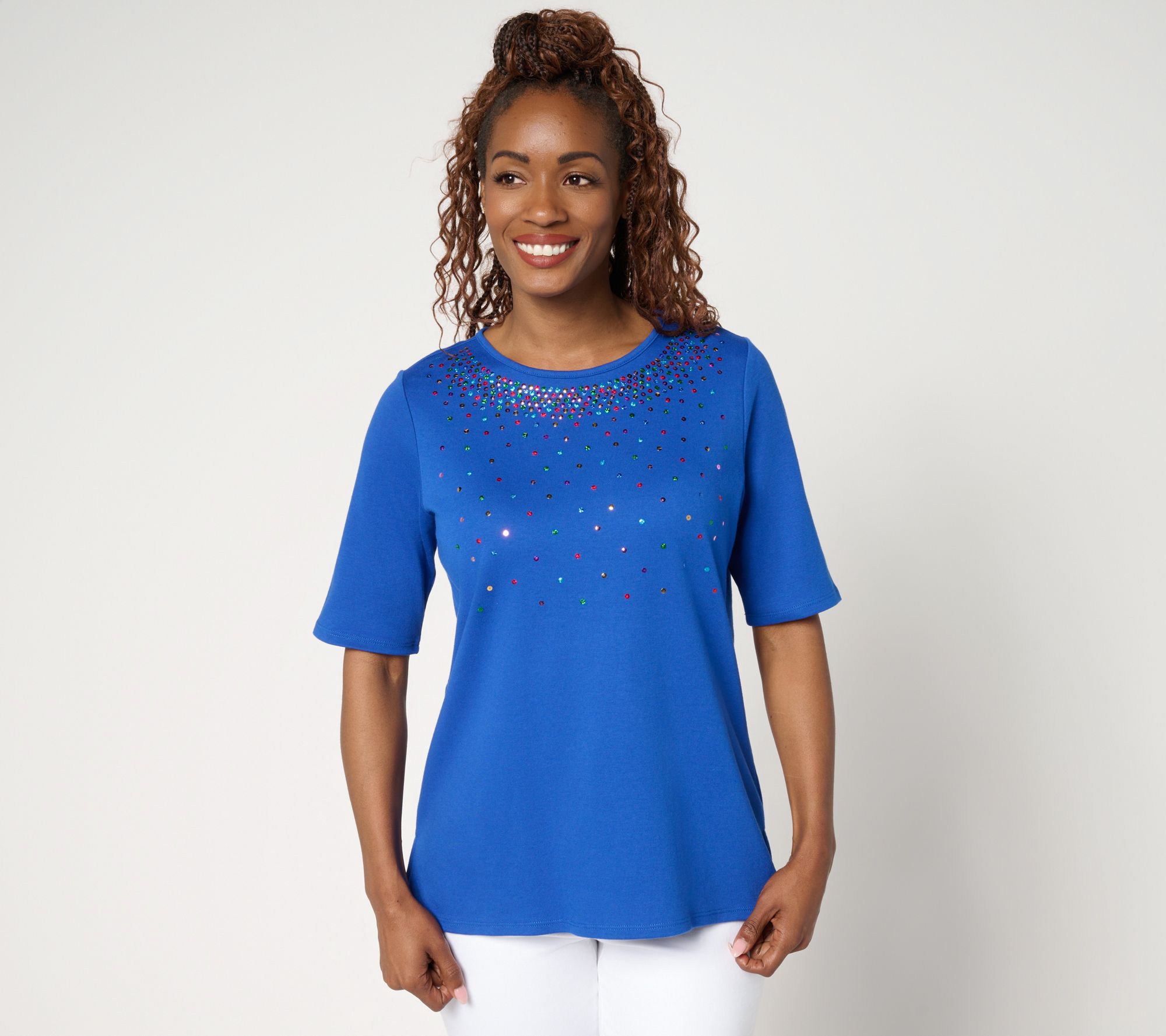 "As Is" Quacker Factory Color Pop Sequin Elbow Sleeve Top