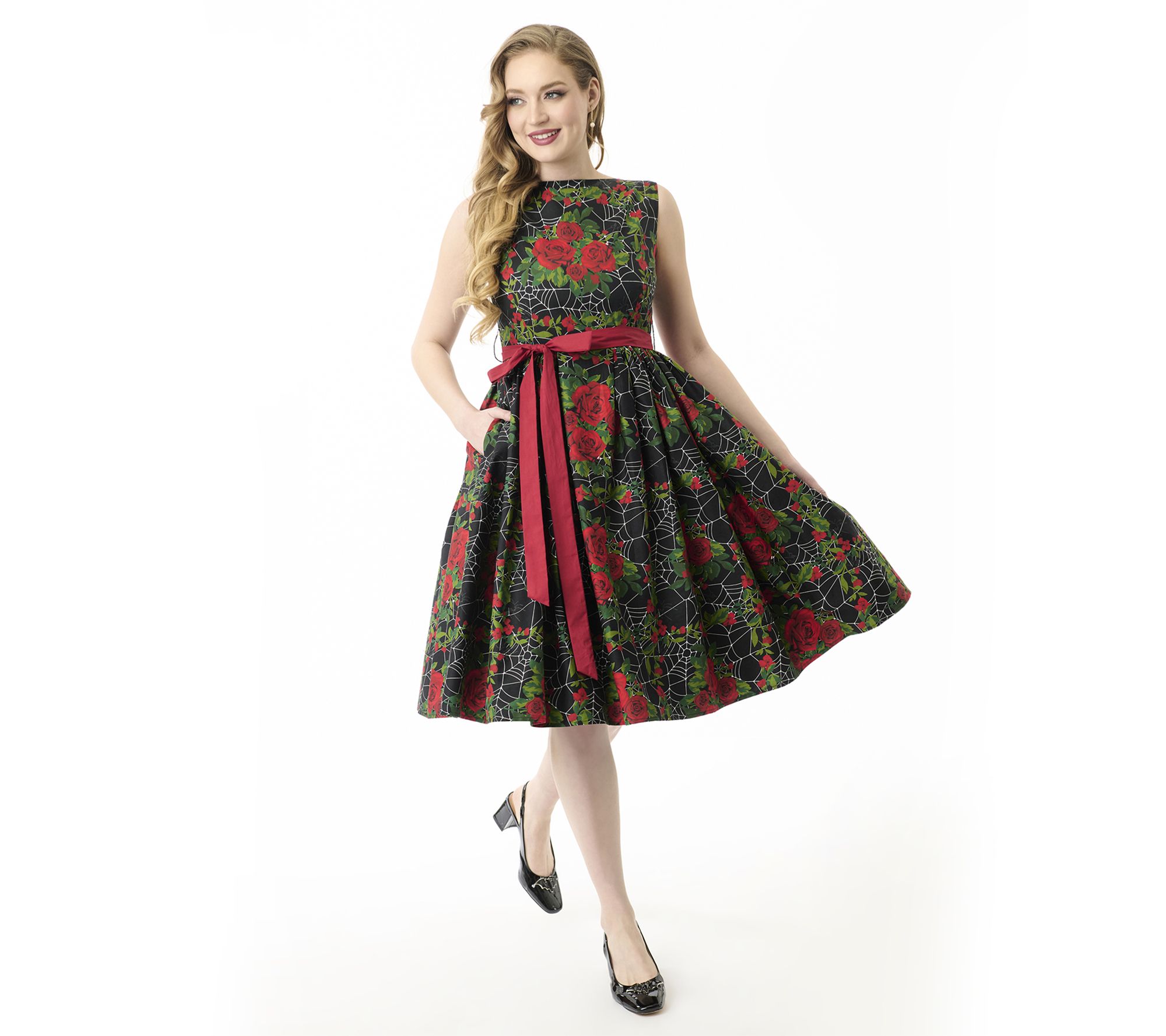 Unique Vintage Gothic Roses Sleeveless Cotton S wing Dress