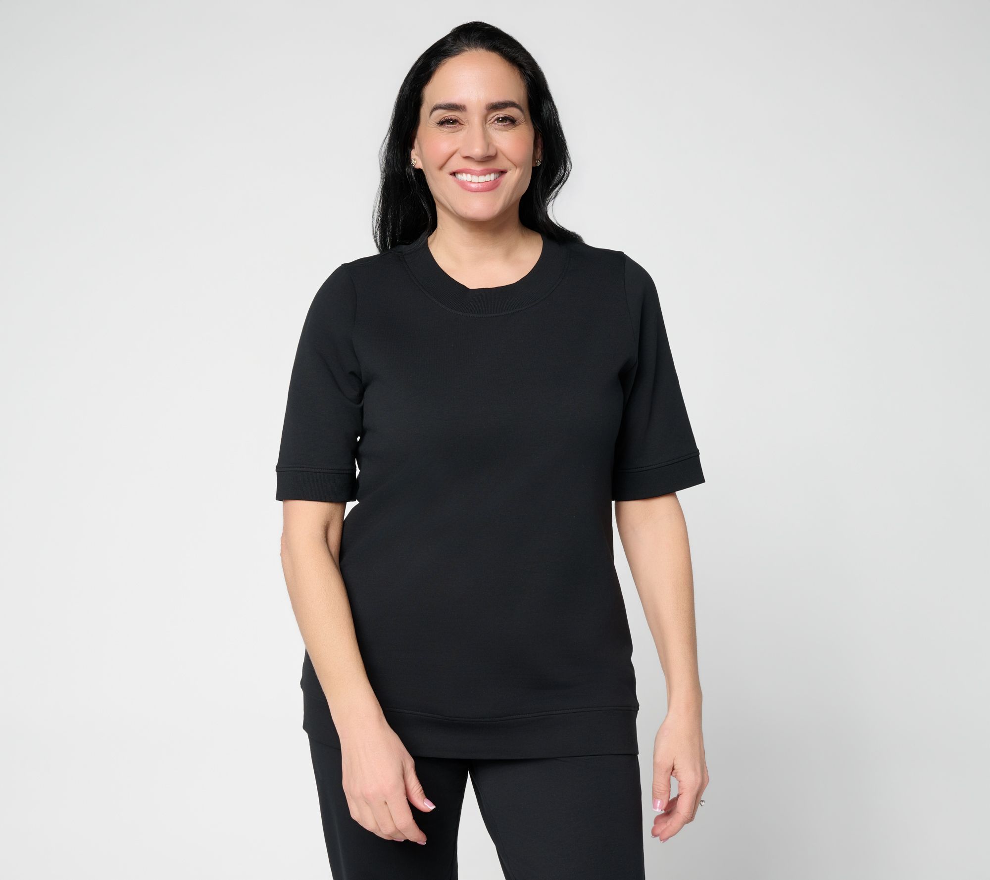 Denim & Co. EasyWear French Terry Elbow Sleeve Round Neck Top